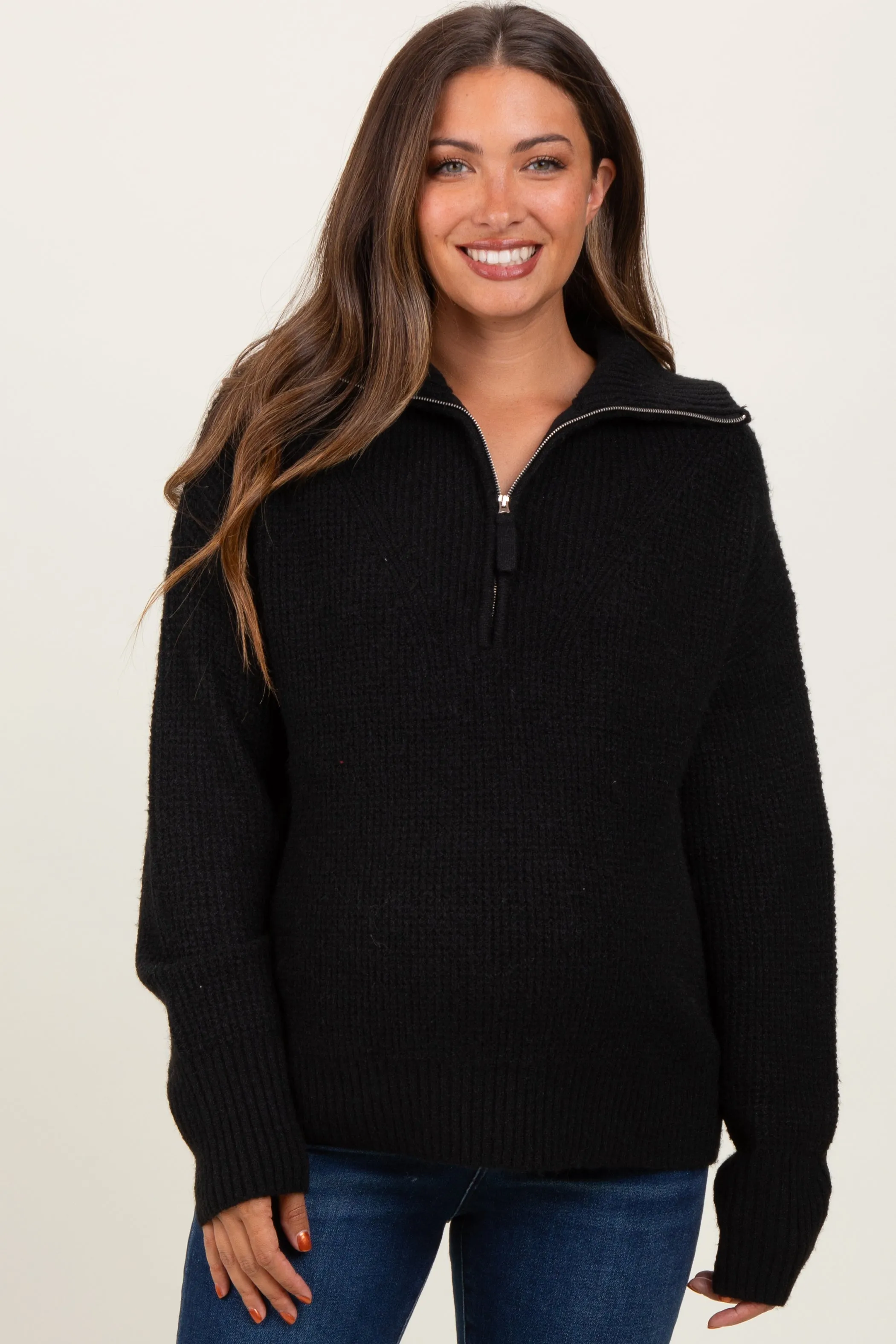 Black Half Zip Maternity Pullover Sweater sold by Pinkblush