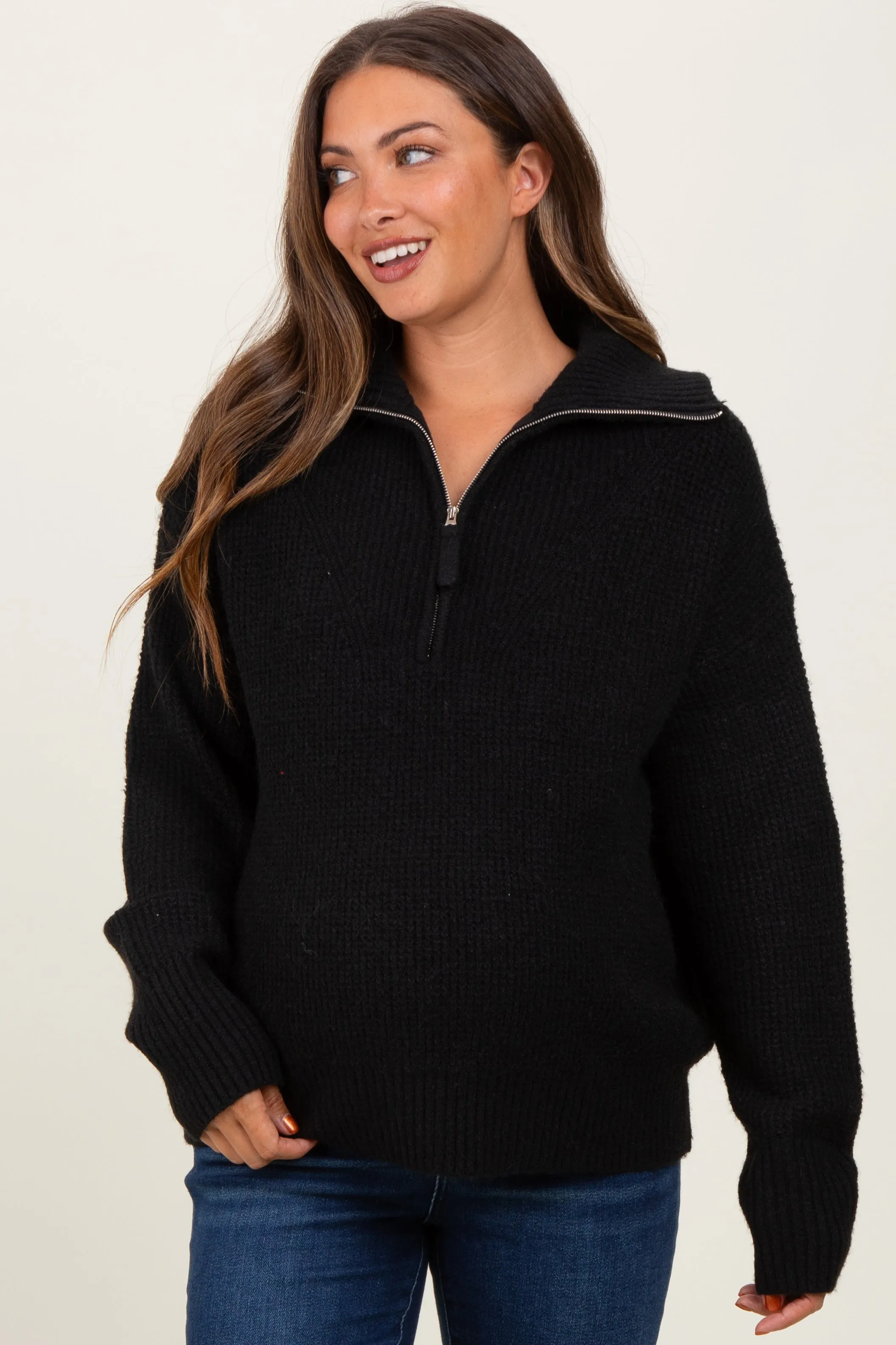 Black Half Zip Maternity Pullover Sweater sold by Pinkblush product image thumbnail 2