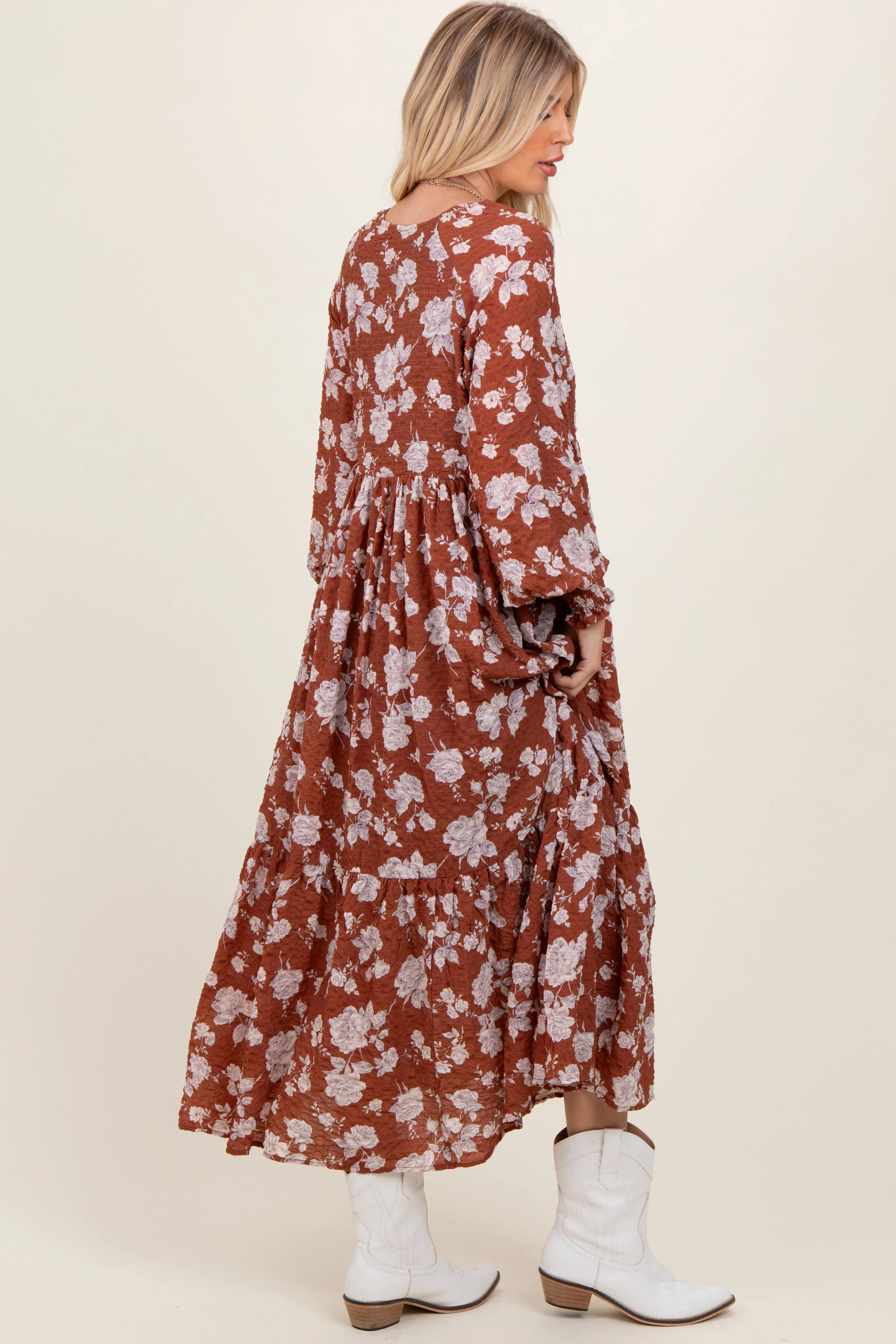 Rust Floral Textured Bubble Sleeve Maxi Dress sold by Pinkblush product image thumbnail 3