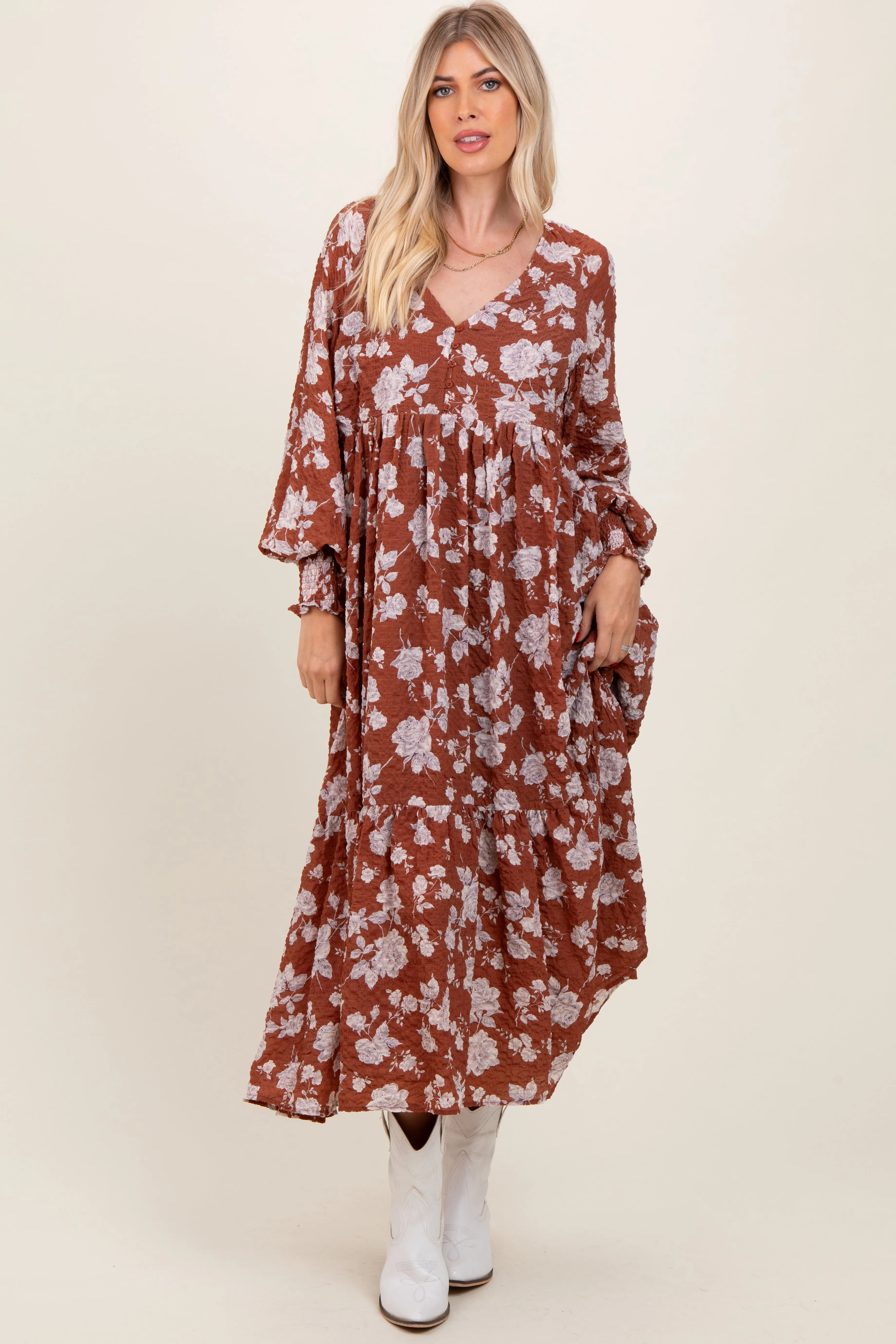 Rust Floral Textured Bubble Sleeve Maxi Dress sold by Pinkblush