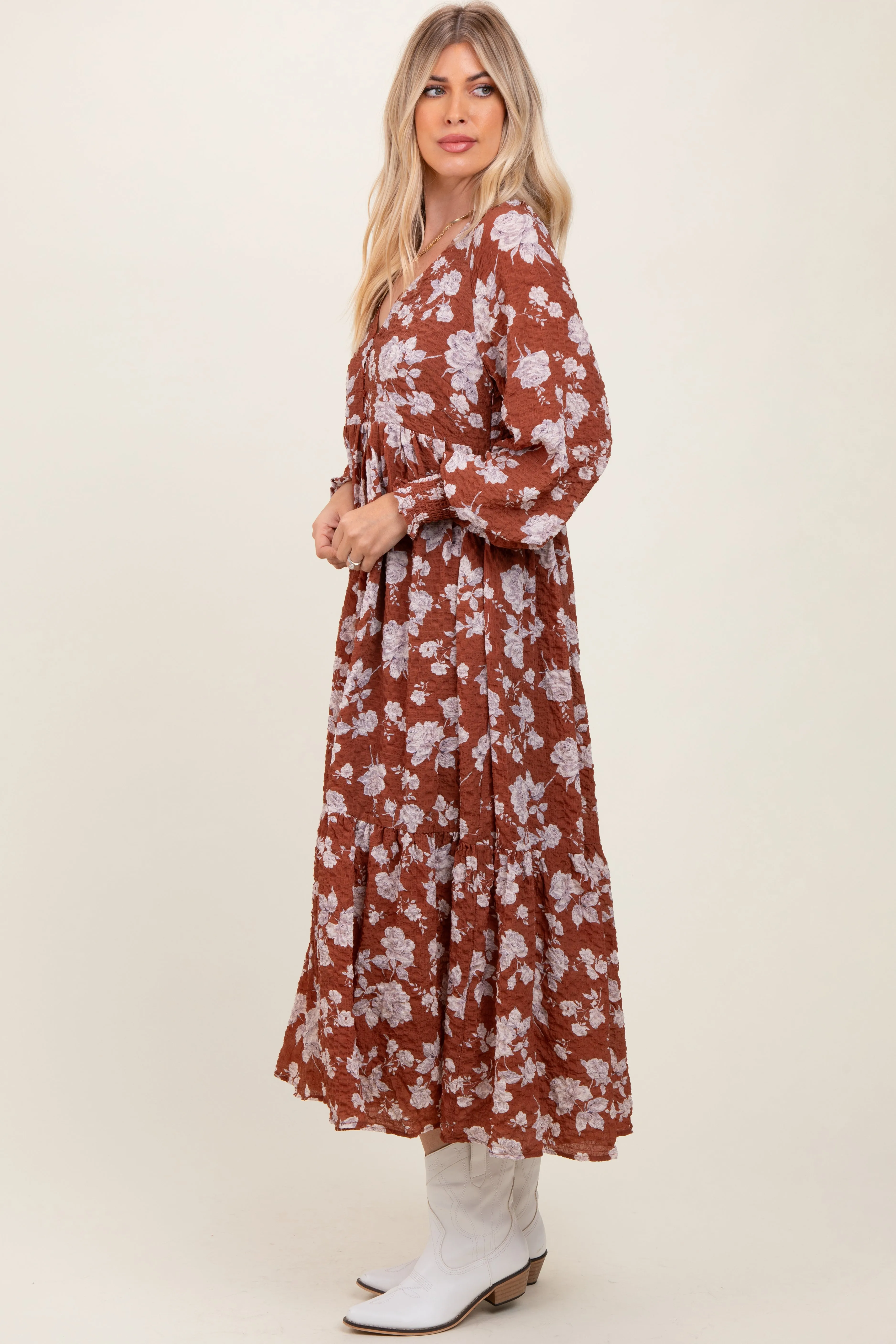 Rust Floral Textured Bubble Sleeve Maxi Dress sold by Pinkblush product image thumbnail 2