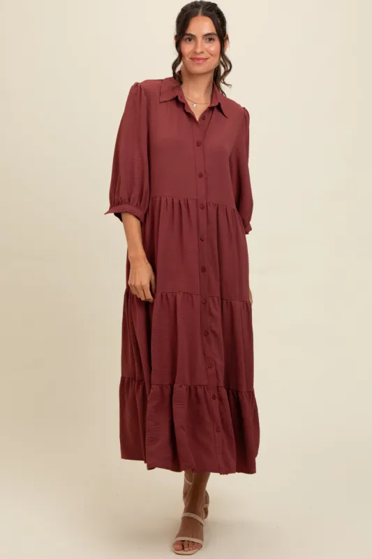Brown Tiered Button Down Midi Dress sold by Pinkblush