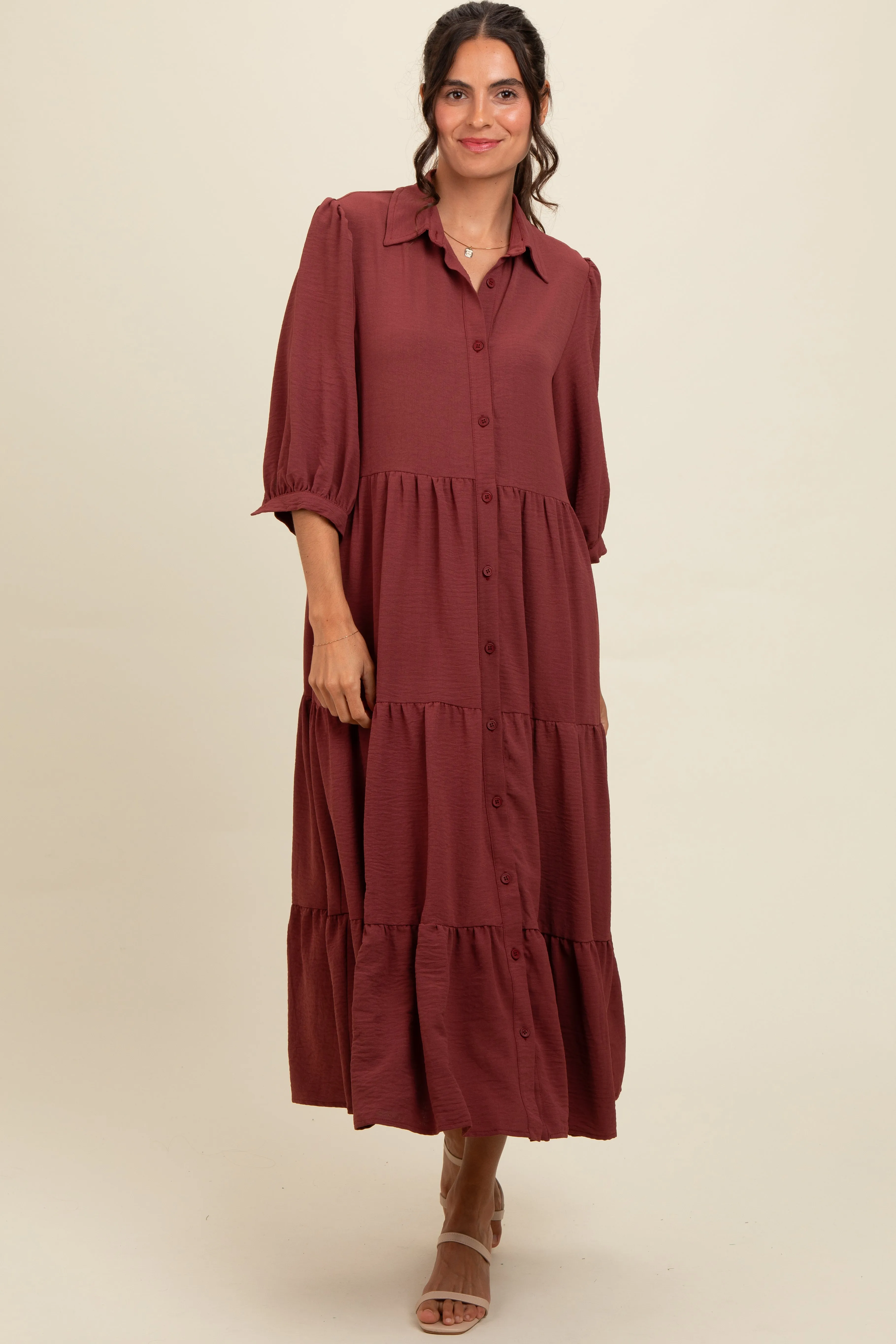 Brown Tiered Button Down Midi Dress sold by Pinkblush