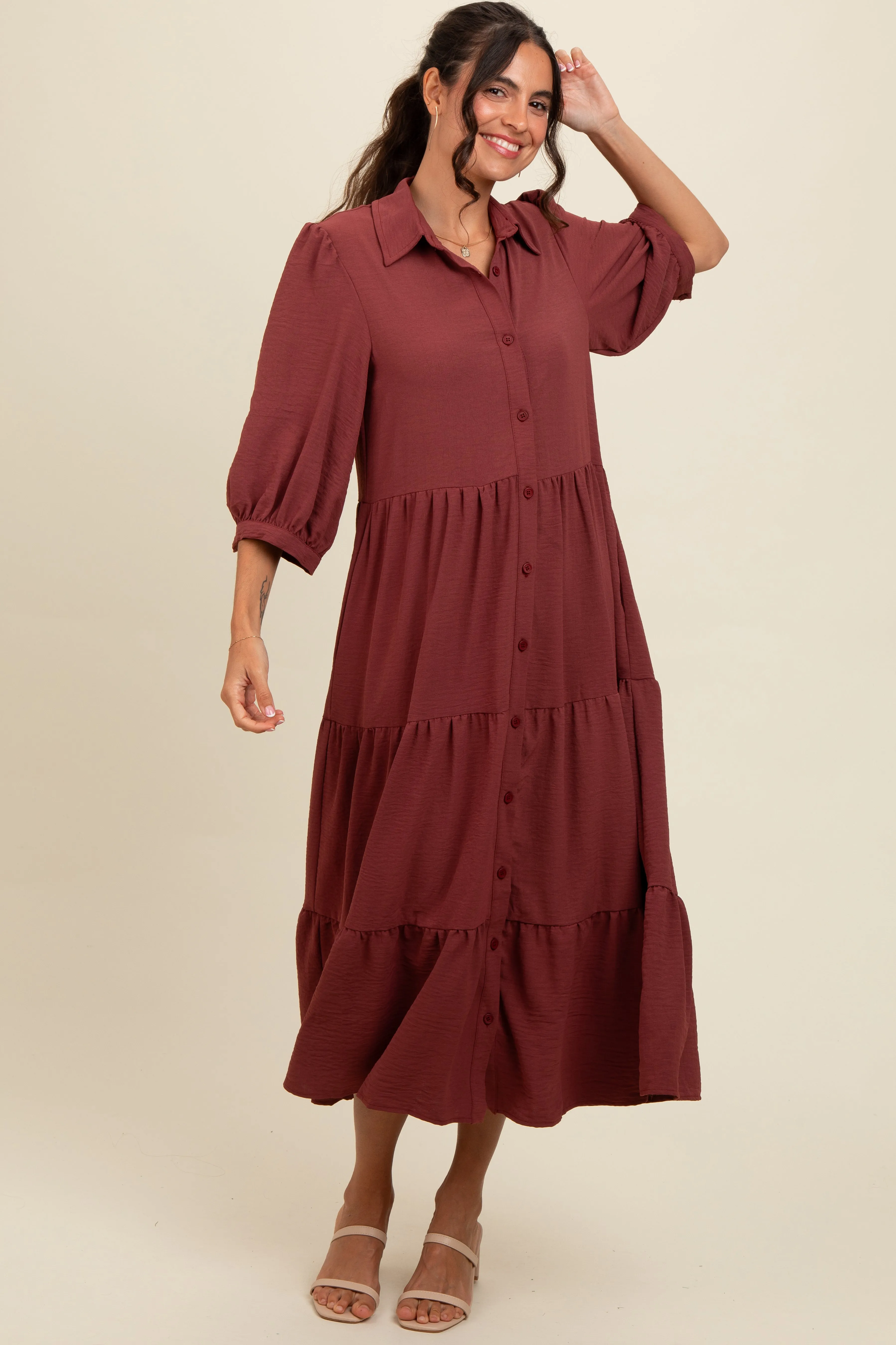 Brown Tiered Button Down Midi Dress sold by Pinkblush product image thumbnail 2