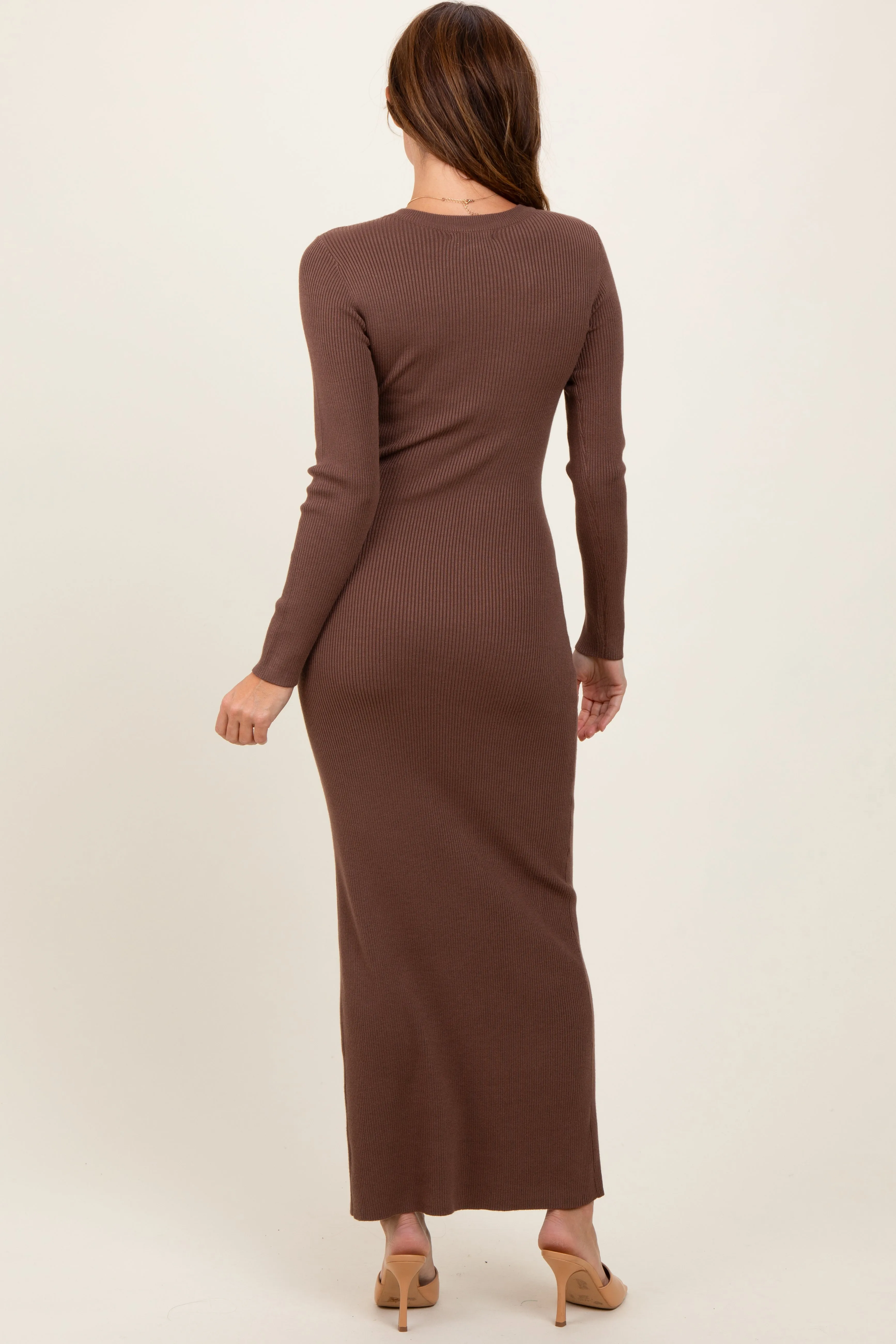 Mocha Ribbed Knit Long Sleeve Side Slit Maxi Dress sold by Pinkblush product image thumbnail 4
