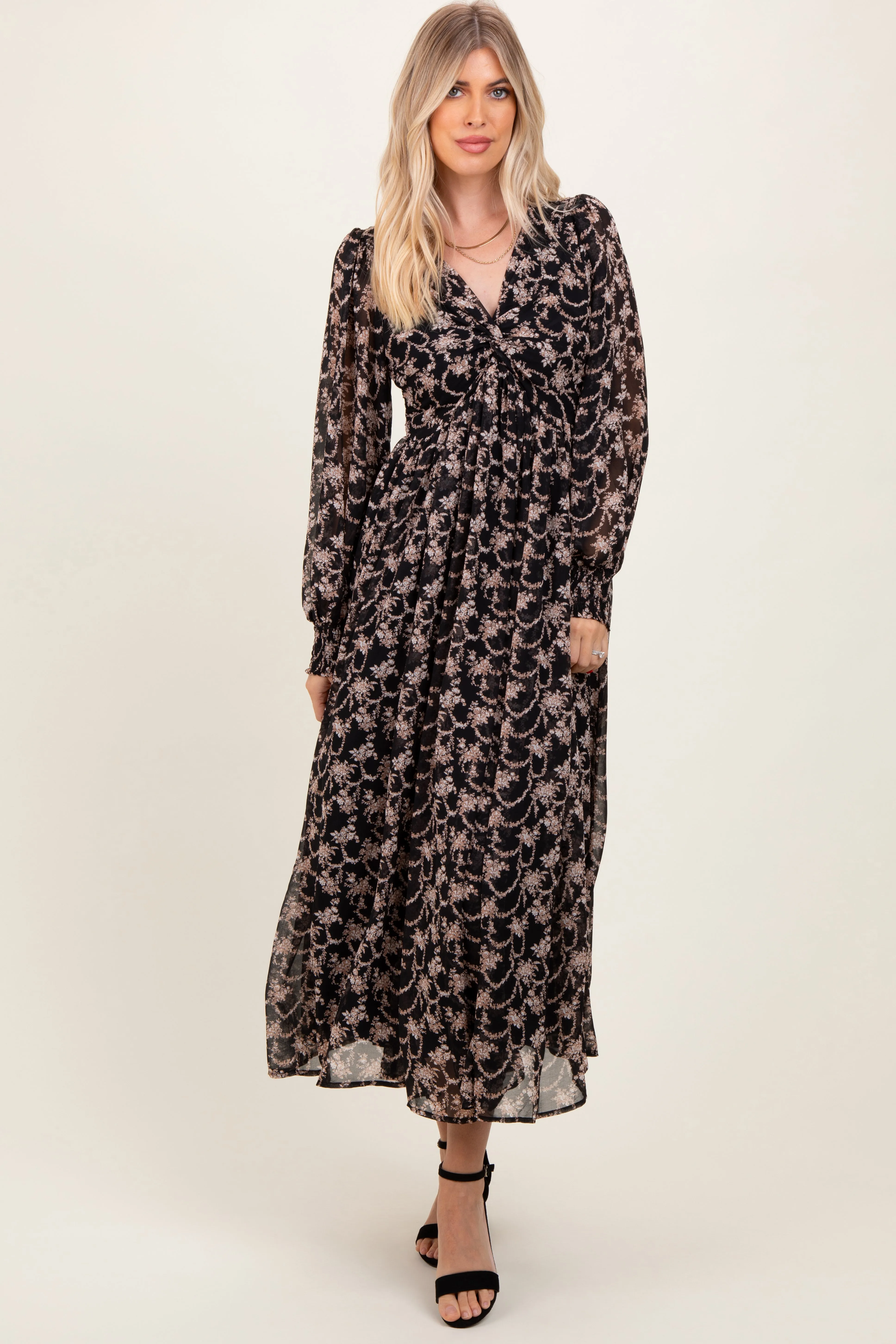 Black Floral Chiffon Twist Wrap Maxi sold by Pinkblush product image thumbnail 4