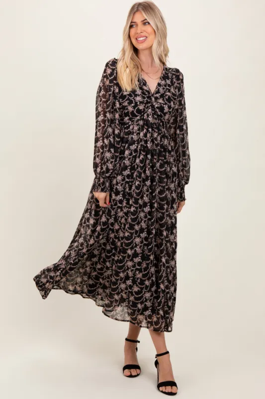 Black Floral Chiffon Twist Wrap Maxi sold by Pinkblush