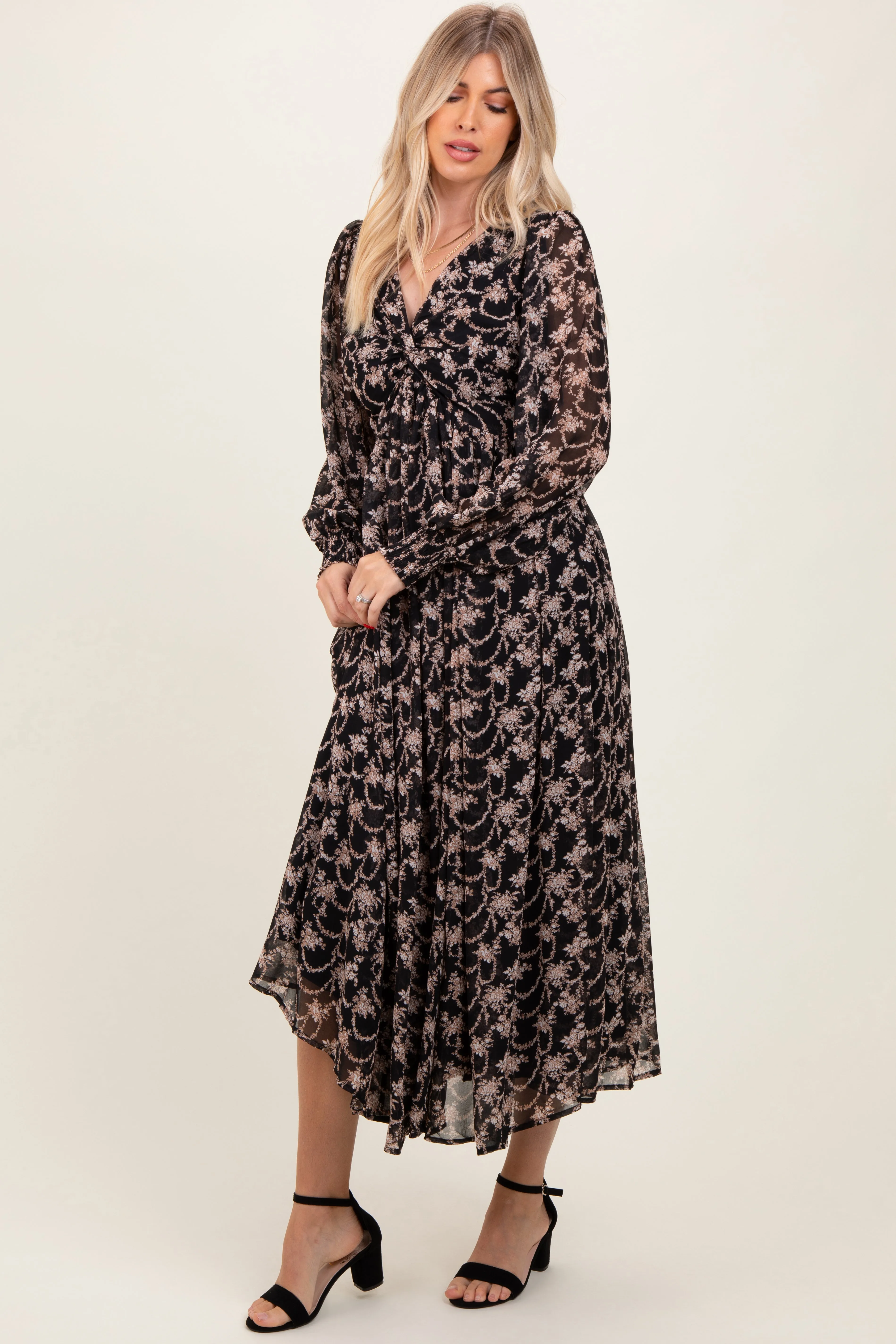 Black Floral Chiffon Twist Wrap Maxi sold by Pinkblush product image thumbnail 2