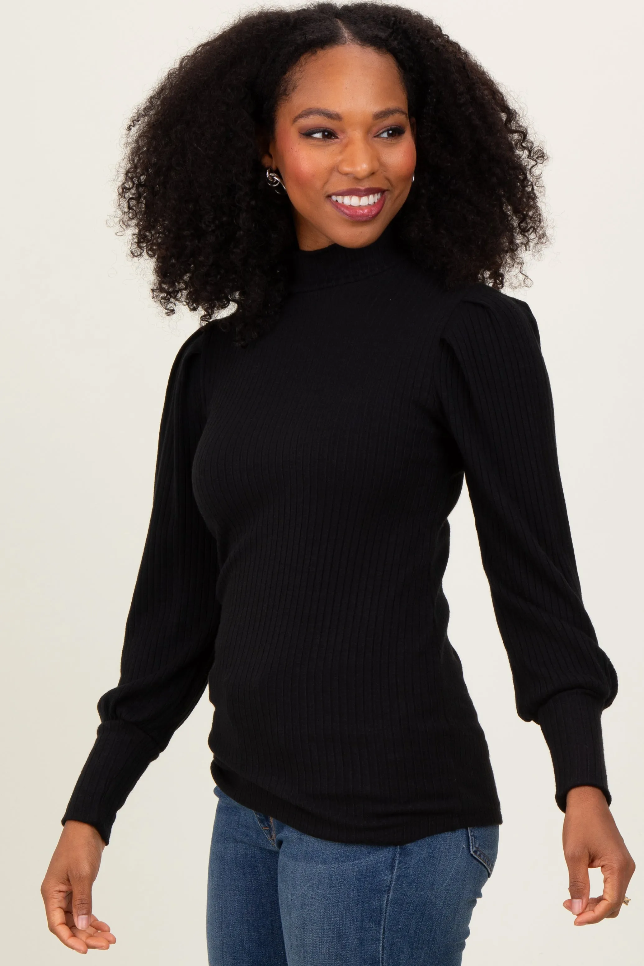 Black Ribbed Mock Neck Bubble Sleeve Top sold by Pinkblush product image thumbnail 3