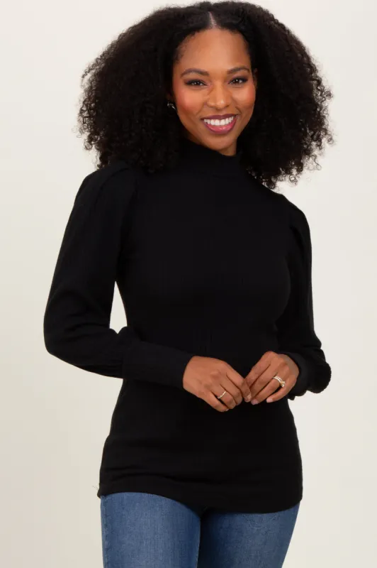 Black Ribbed Mock Neck Bubble Sleeve Top sold by Pinkblush