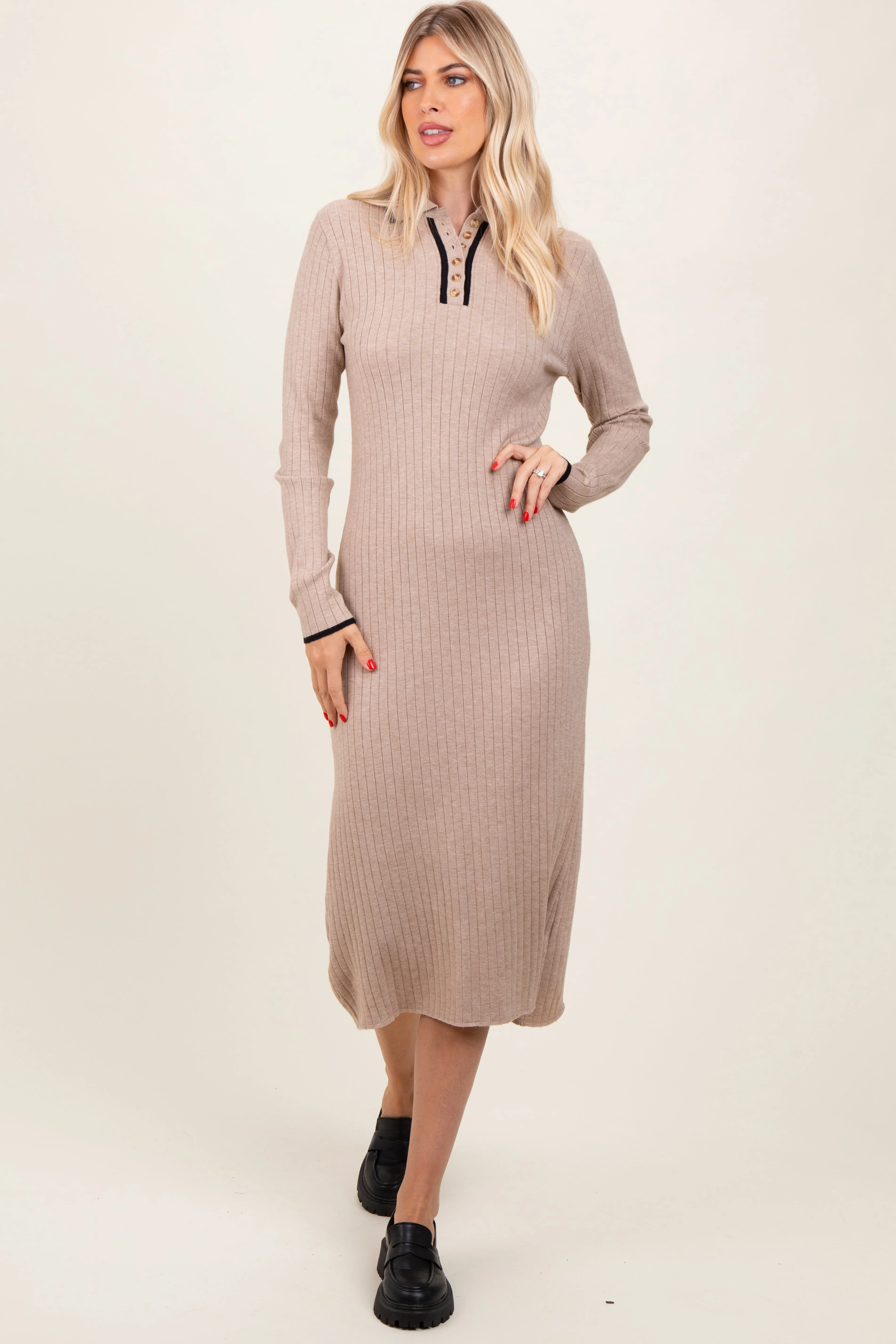 Beige Ribbed Contrast Trim Polo Midi Sweater Dress sold by Pinkblush product image thumbnail 4