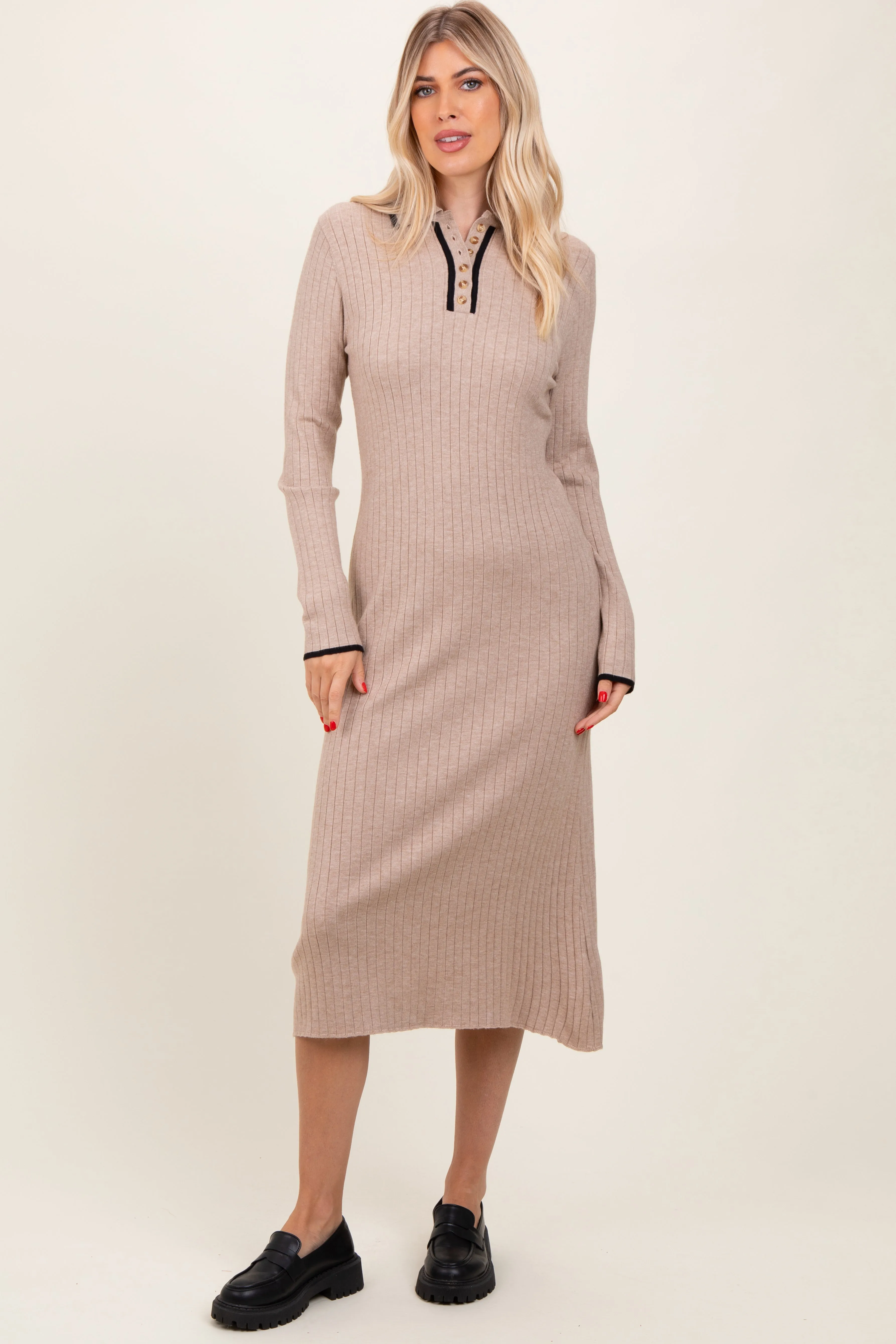 Beige Ribbed Contrast Trim Polo Midi Sweater Dress sold by Pinkblush