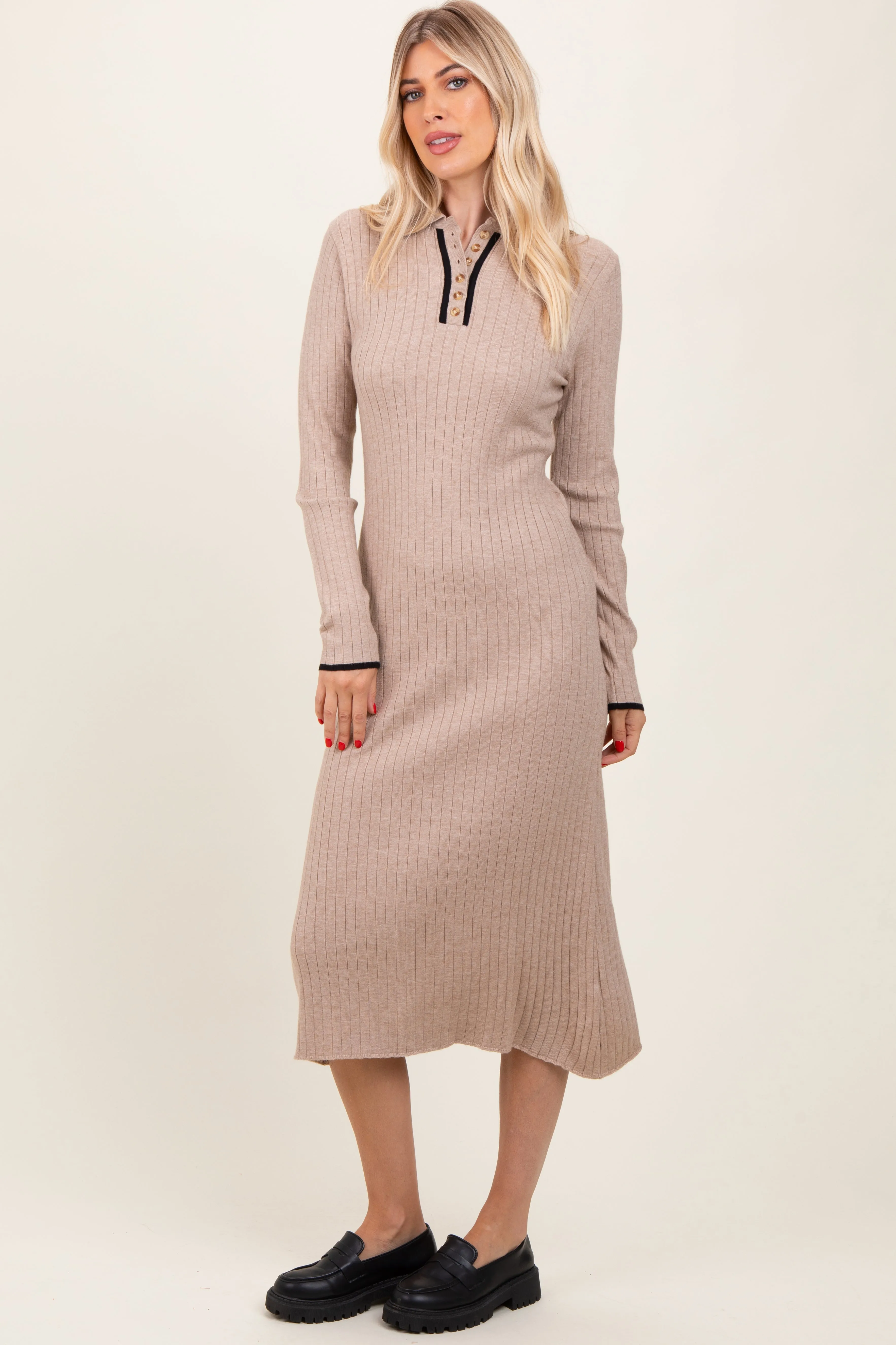 Beige Ribbed Contrast Trim Polo Midi Sweater Dress sold by Pinkblush product image thumbnail 2