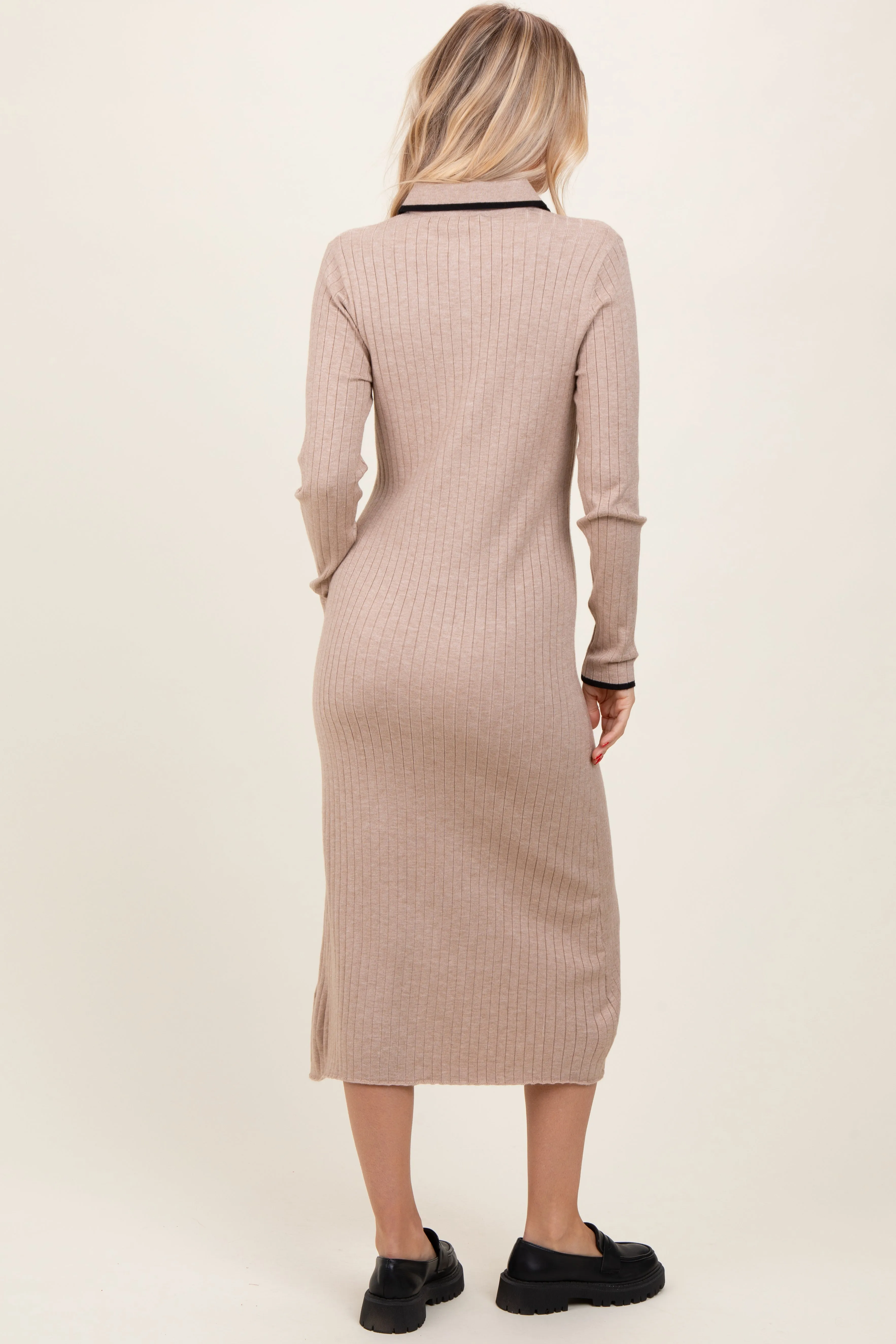 Beige Ribbed Contrast Trim Polo Midi Sweater Dress sold by Pinkblush product image thumbnail 3