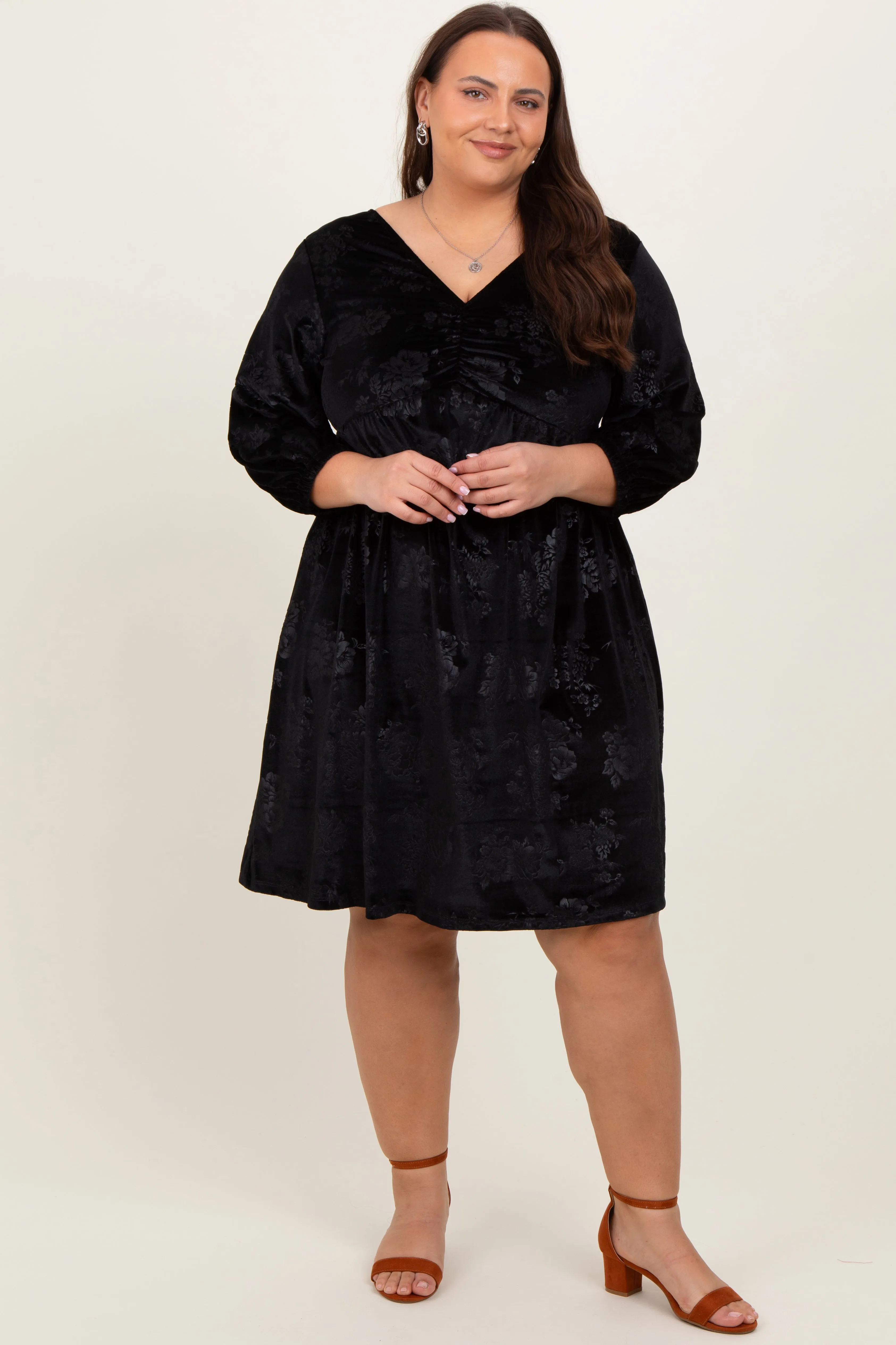 Black Velvet Floral Ruched Neck Plus Dress sold by Pinkblush