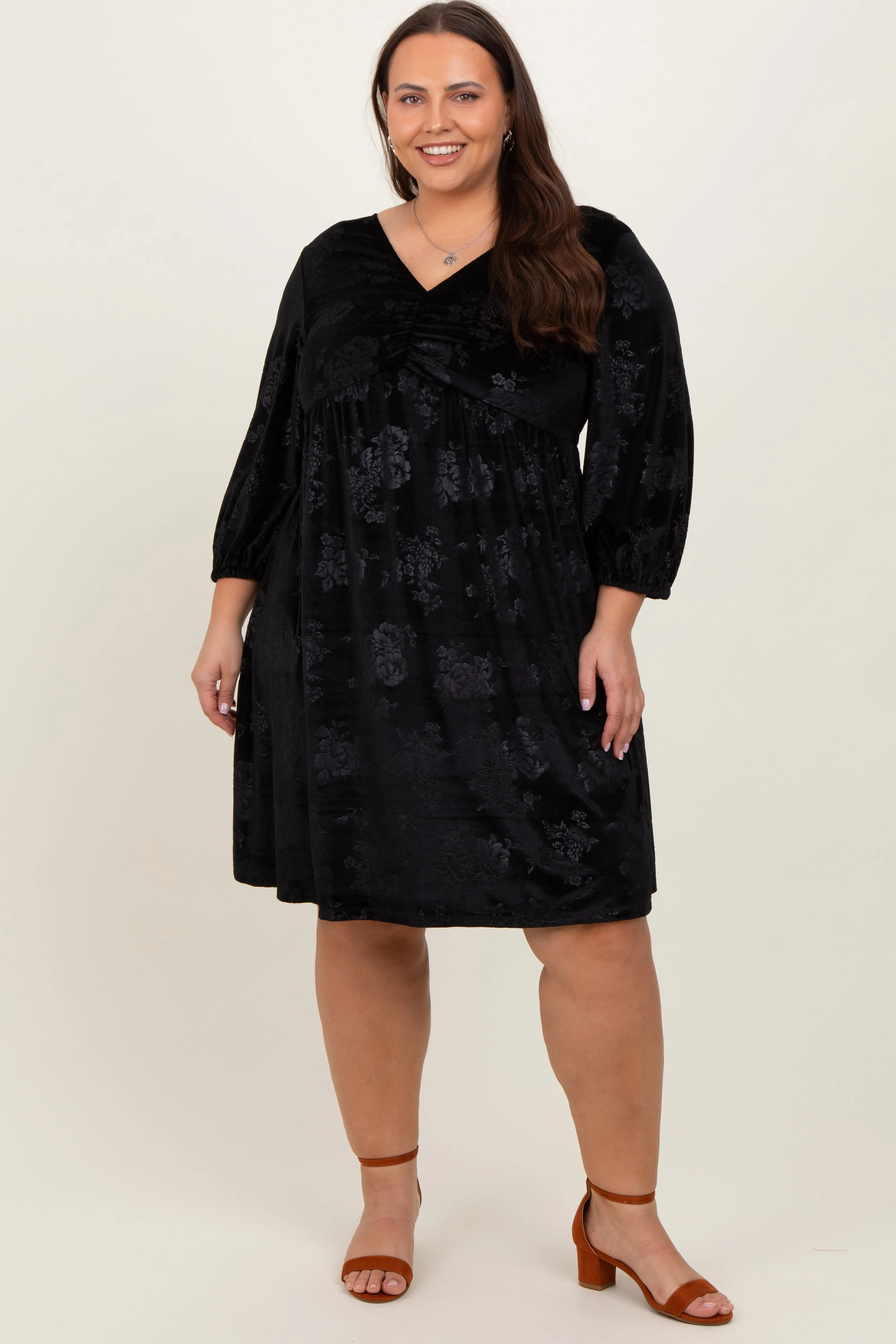 Black Velvet Floral Ruched Neck Plus Dress sold by Pinkblush product image thumbnail 2