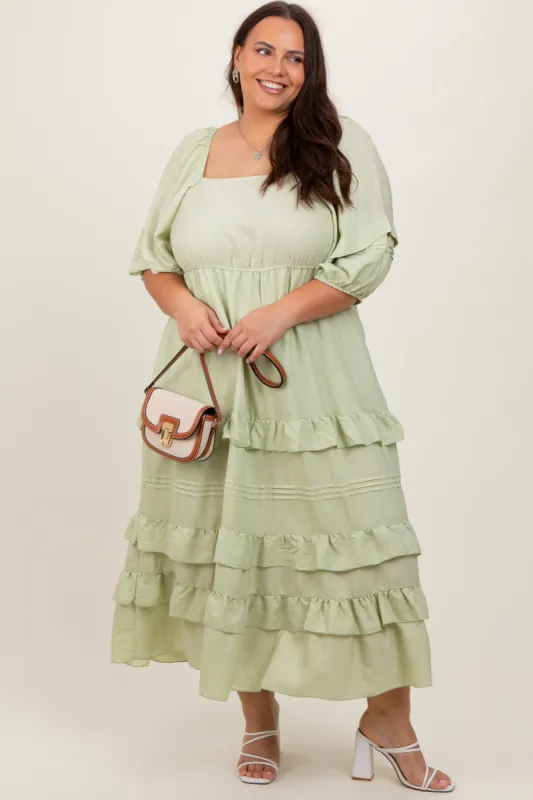 Mint Green Square Neck Ruffle Tiered Plus Maxi Dress sold by Pinkblush