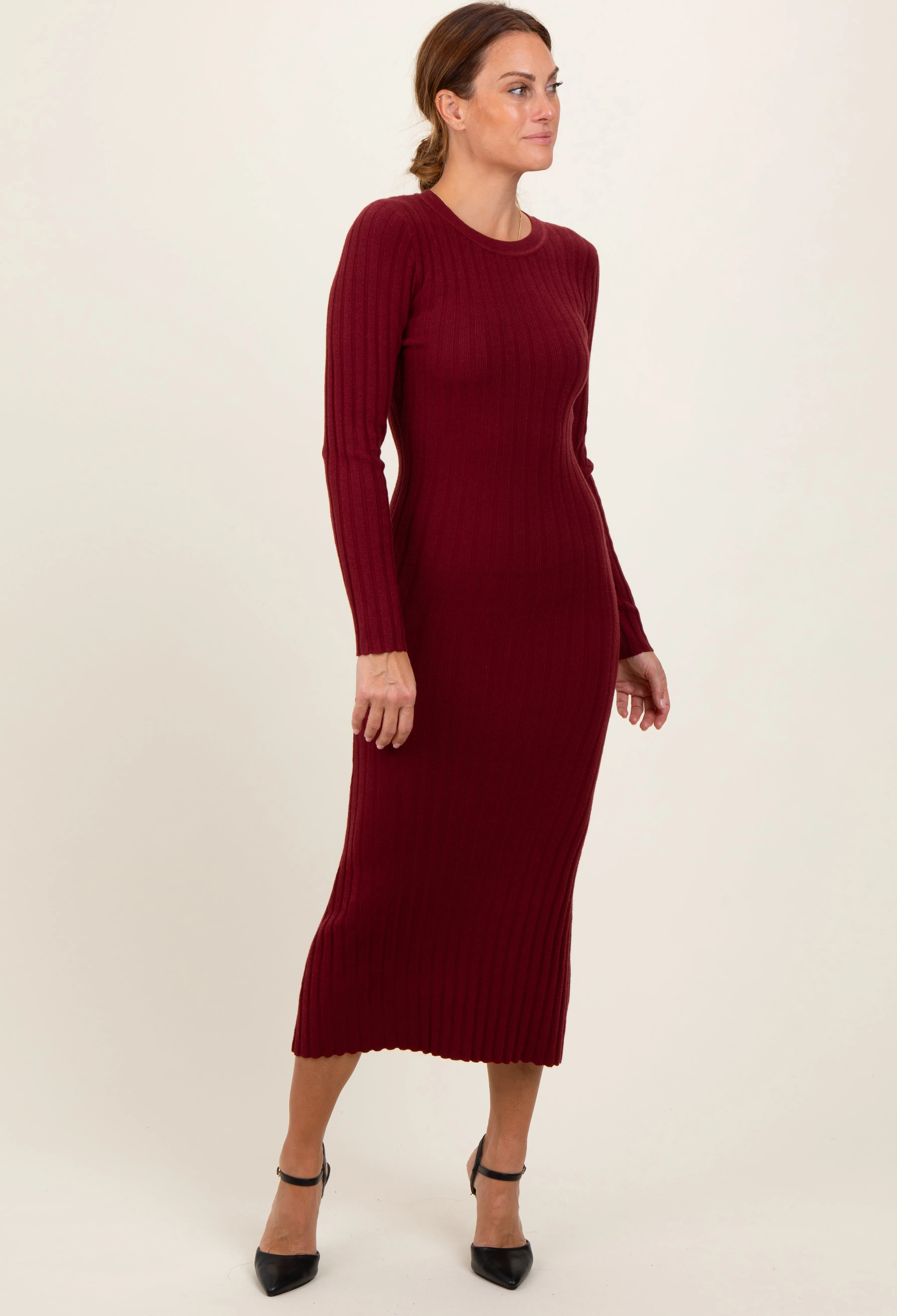 Burgundy Ribbed Knit Fitted Midi Sweater Dress sold by Pinkblush product image thumbnail 2