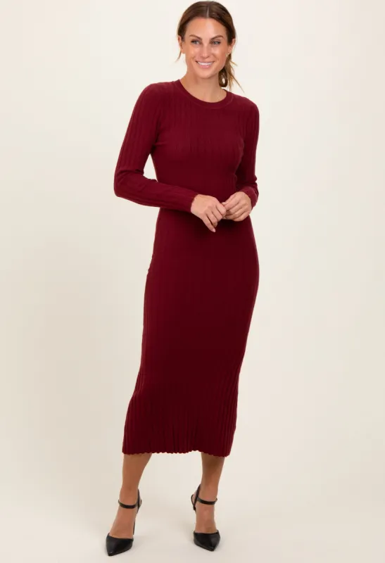 Burgundy Ribbed Knit Fitted Midi Sweater Dress sold by Pinkblush