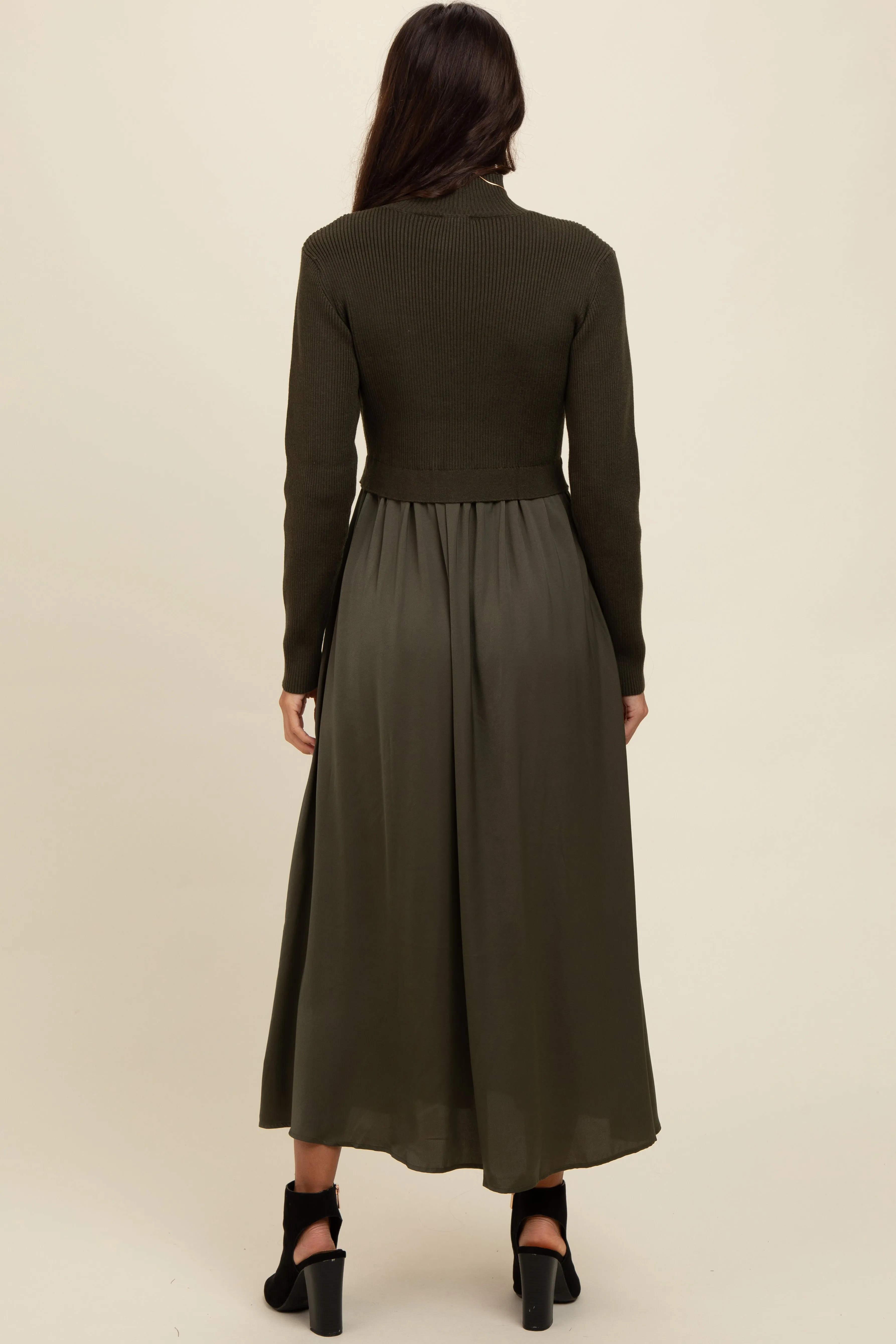 Olive Knit Contrast Top Satin Midi Dress sold by Pinkblush product image thumbnail 3