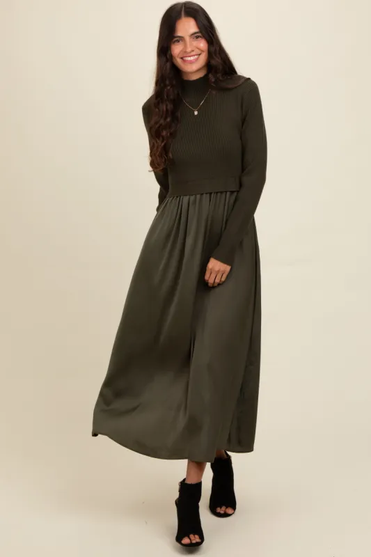 Olive Knit Contrast Top Satin Midi Dress sold by Pinkblush