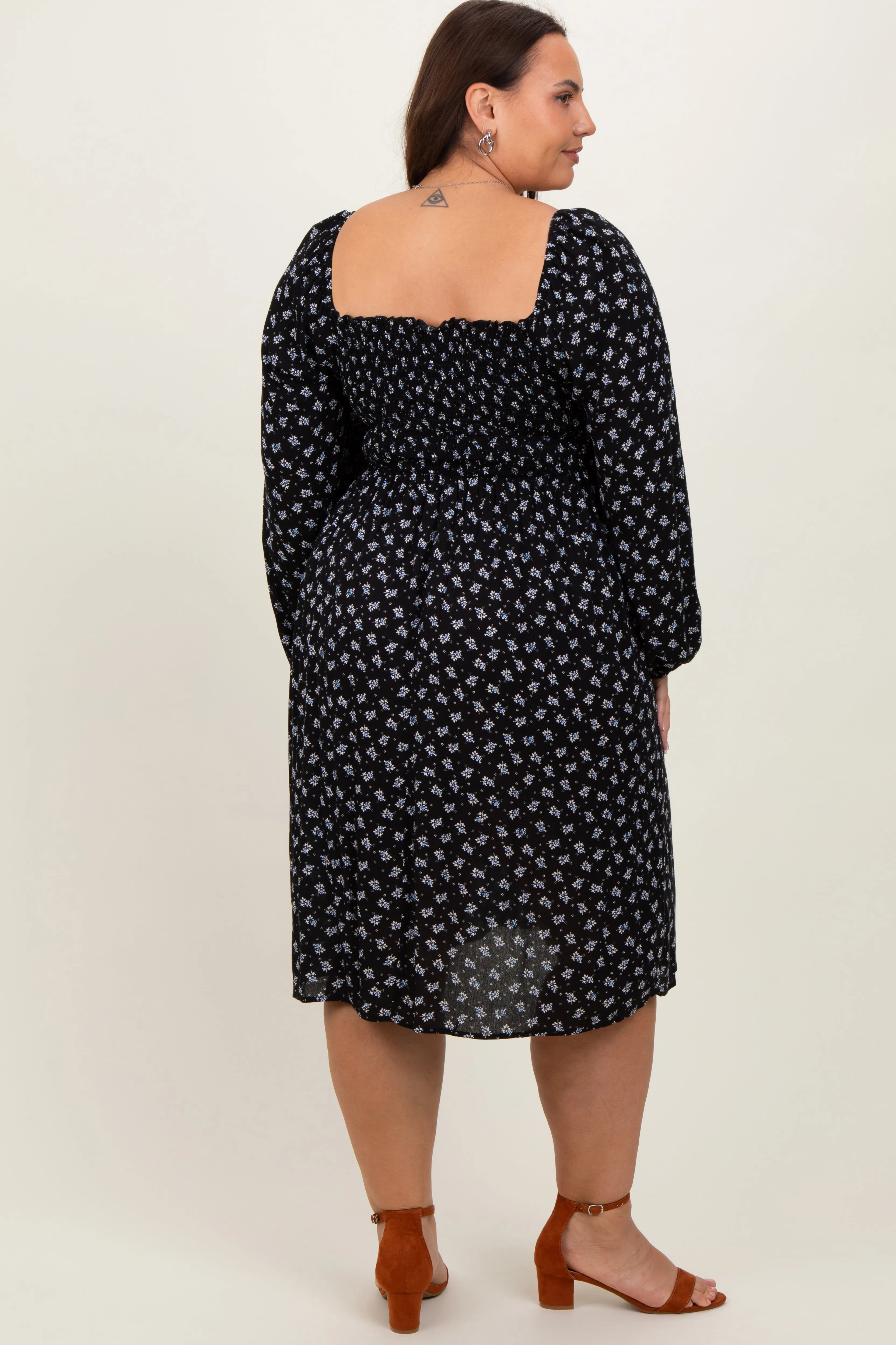 Black Floral Smocked Square Neck Plus Midi Dress sold by Pinkblush product image thumbnail 4
