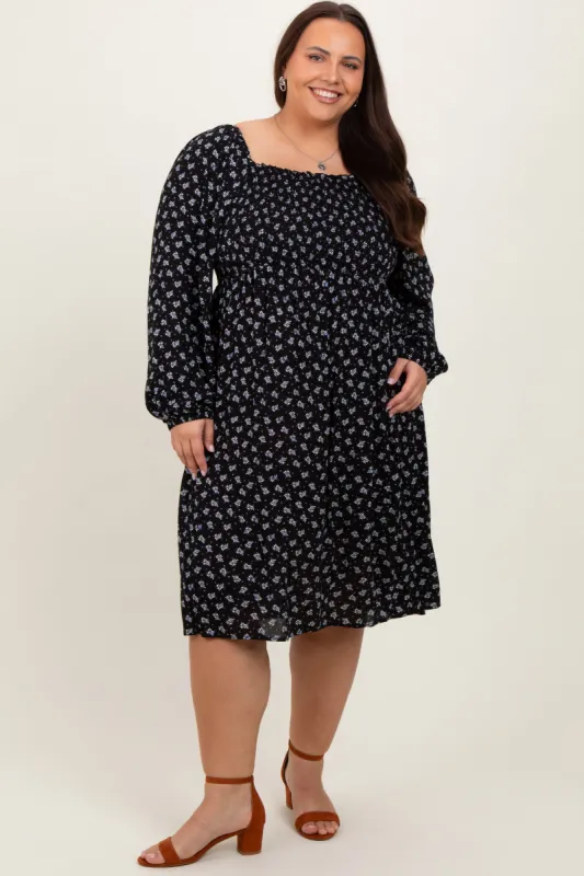 Black Floral Smocked Square Neck Plus Midi Dress sold by Pinkblush