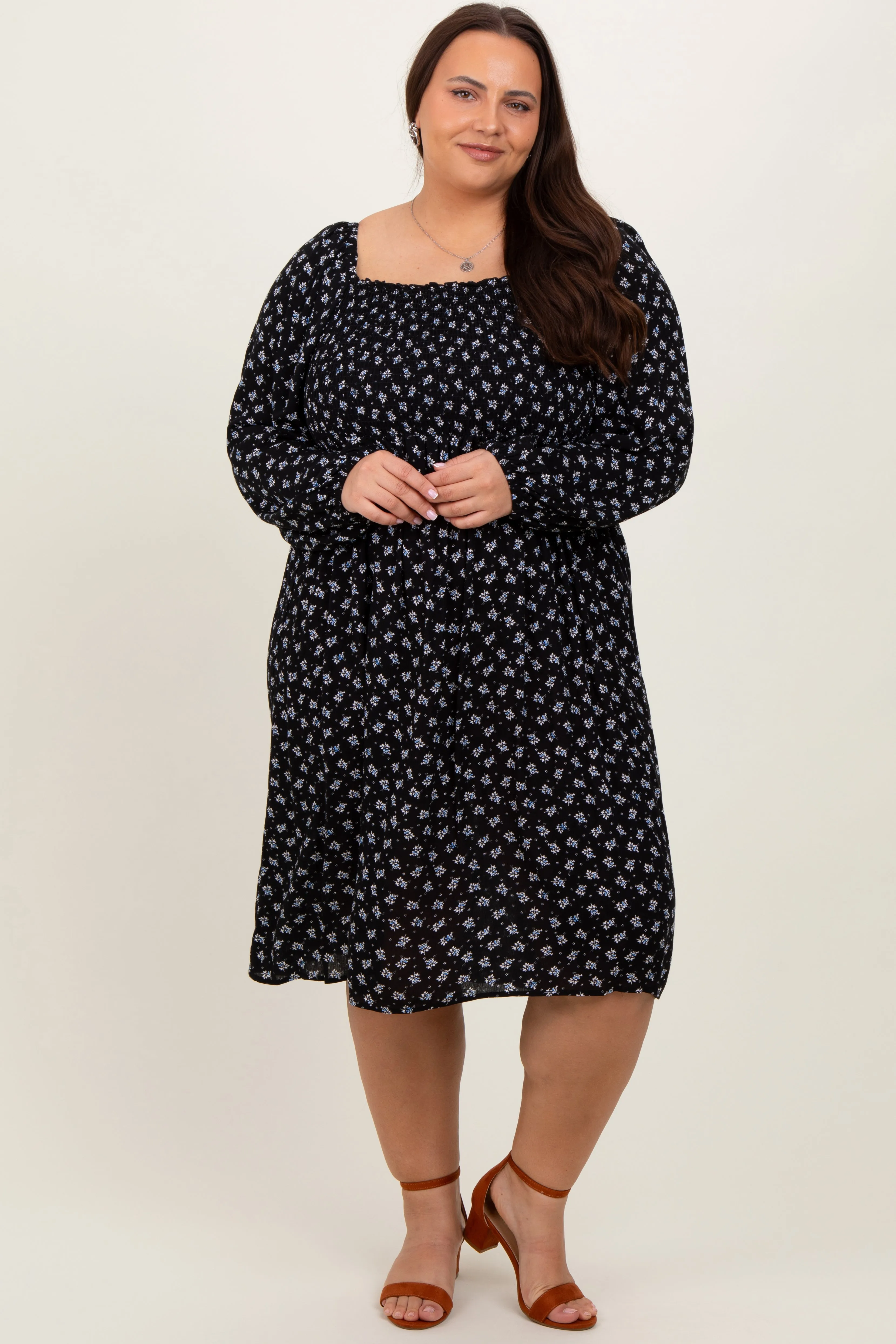 Black Floral Smocked Square Neck Plus Midi Dress sold by Pinkblush product image thumbnail 2