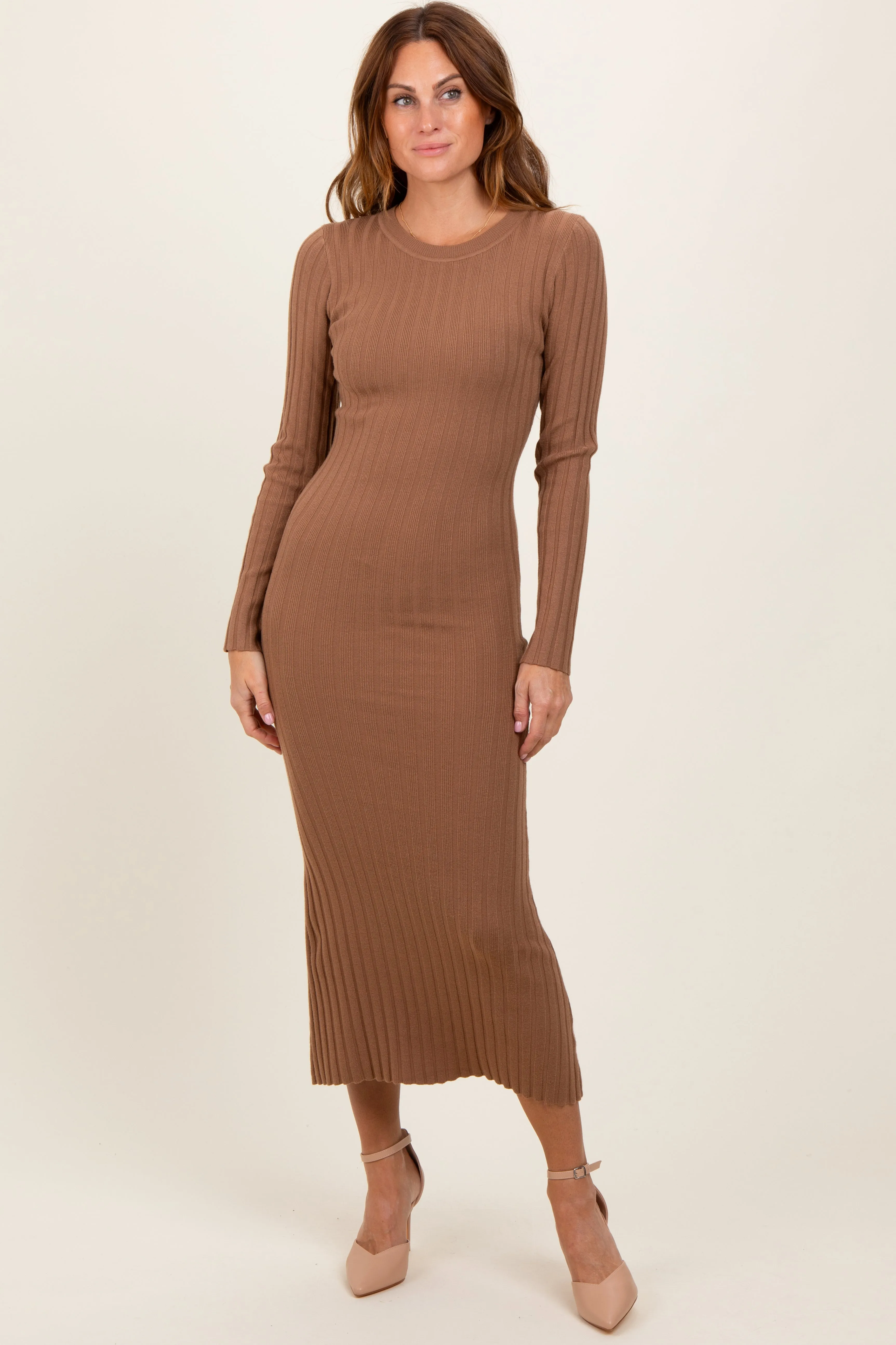 Mocha Ribbed Knit Fitted Midi Sweater Dress sold by Pinkblush