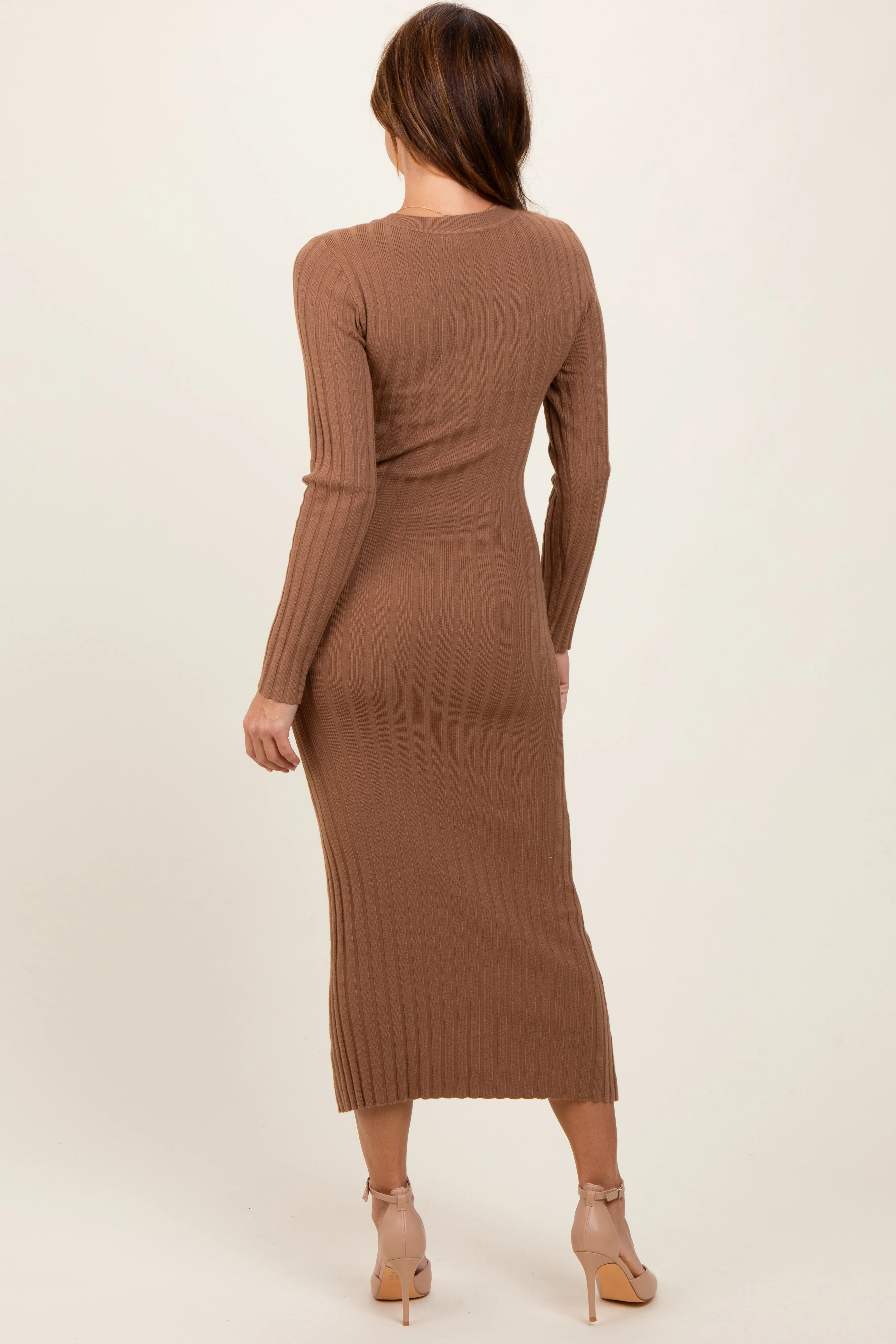Mocha Ribbed Knit Fitted Midi Sweater Dress sold by Pinkblush product image thumbnail 3