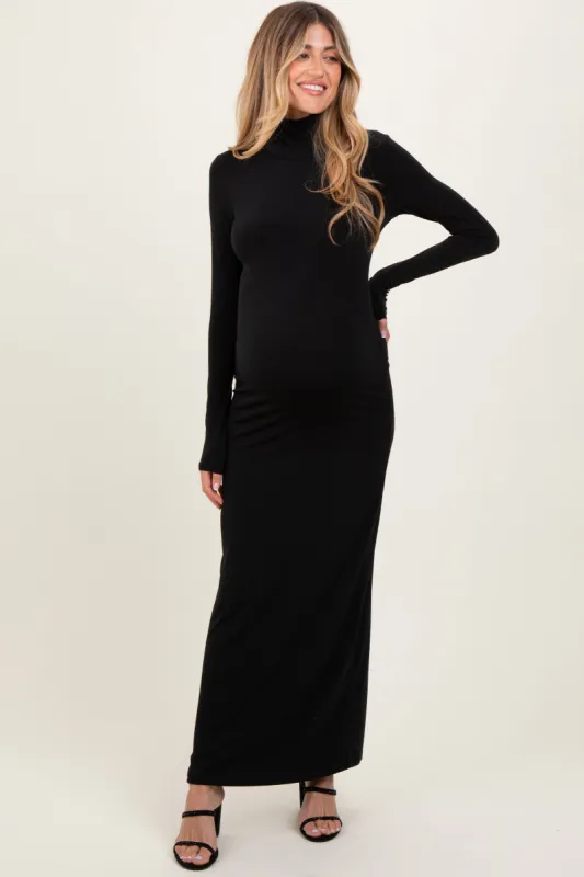 Black Turtleneck Long Sleeve Fitted Maternity Maxi Dress sold by Pinkblush