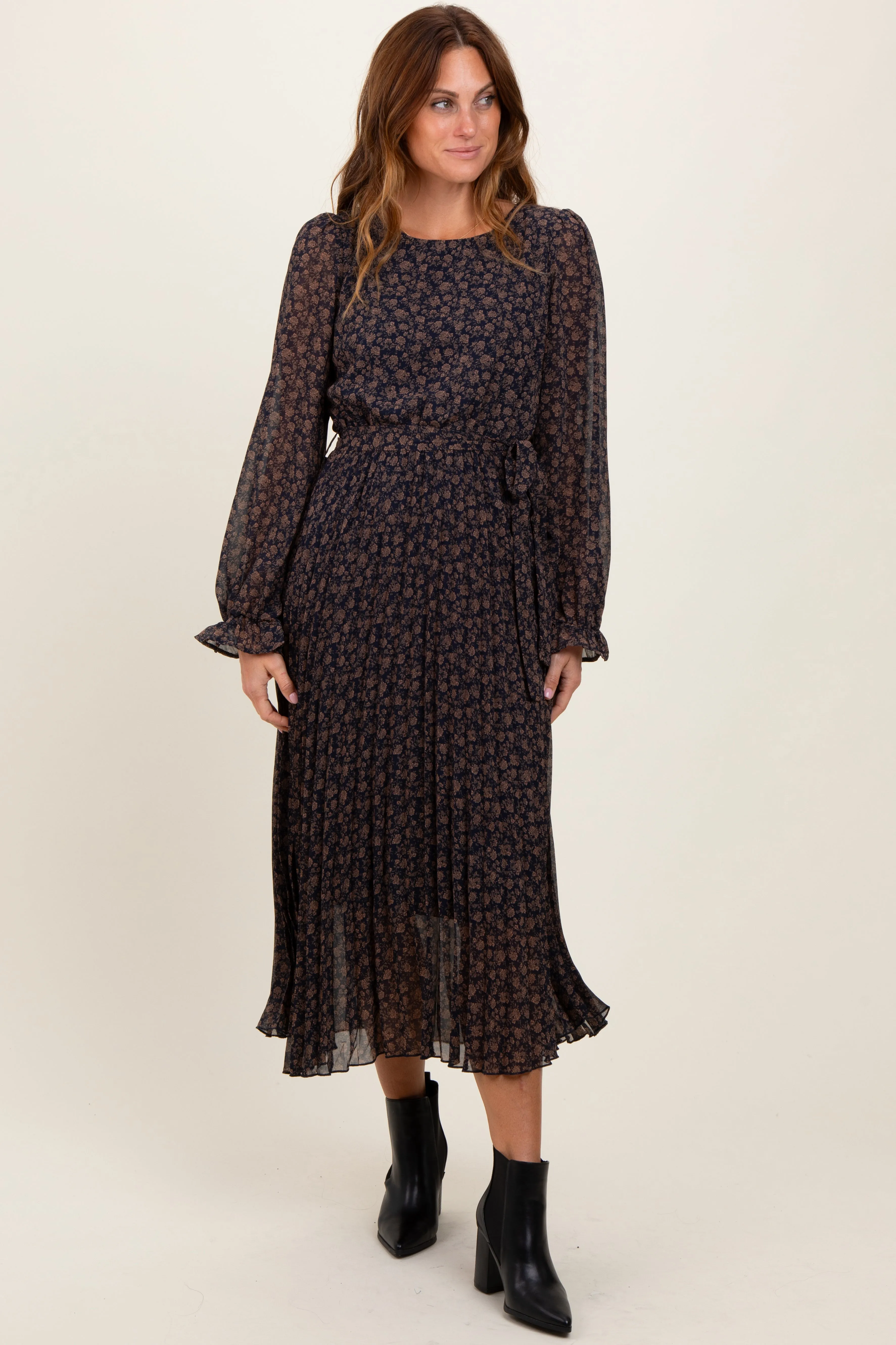 Navy Blue Floral Front Tie Pleated Midi Dress sold by Pinkblush product image thumbnail 2