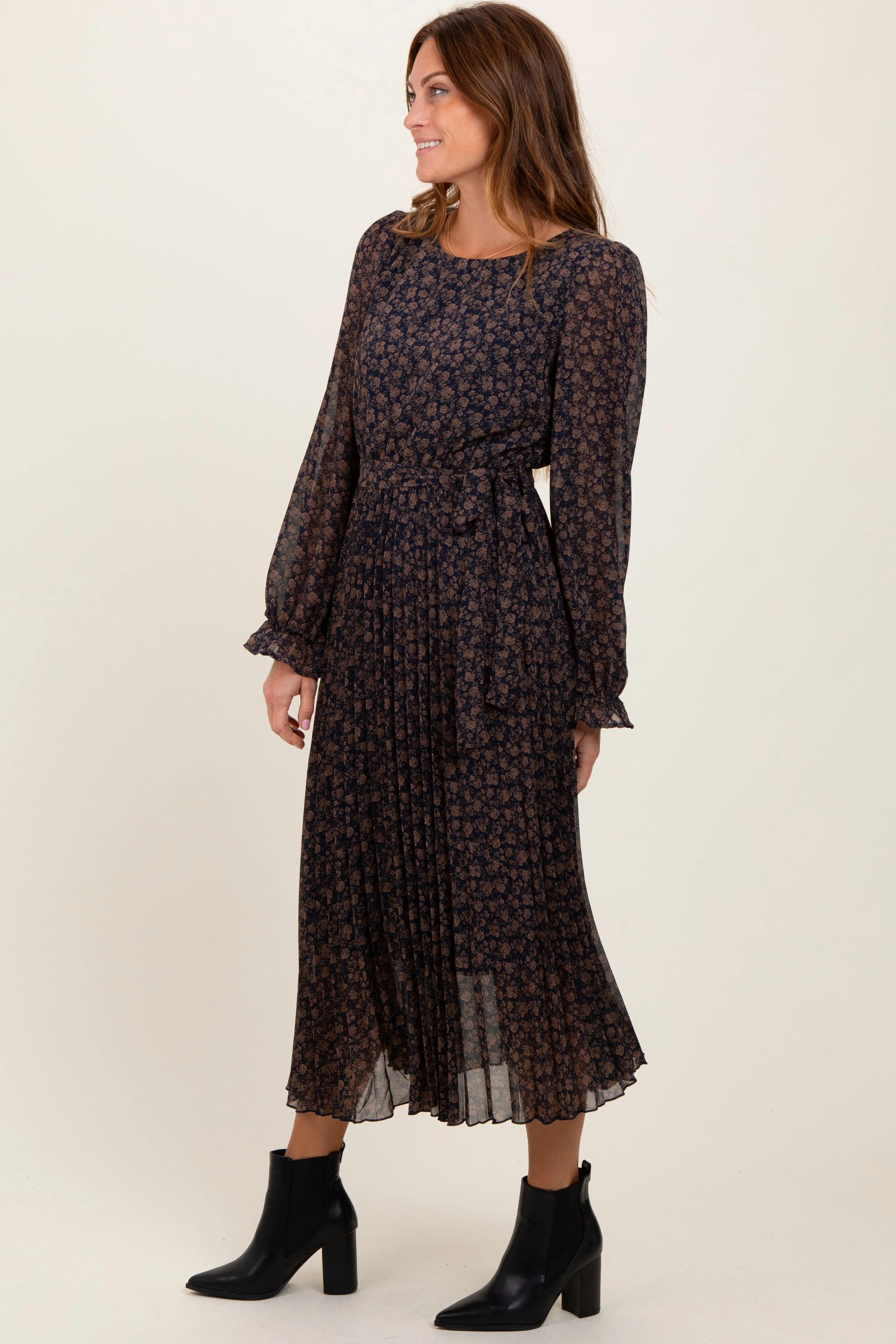 Navy Blue Floral Front Tie Pleated Midi Dress sold by Pinkblush product image thumbnail 3