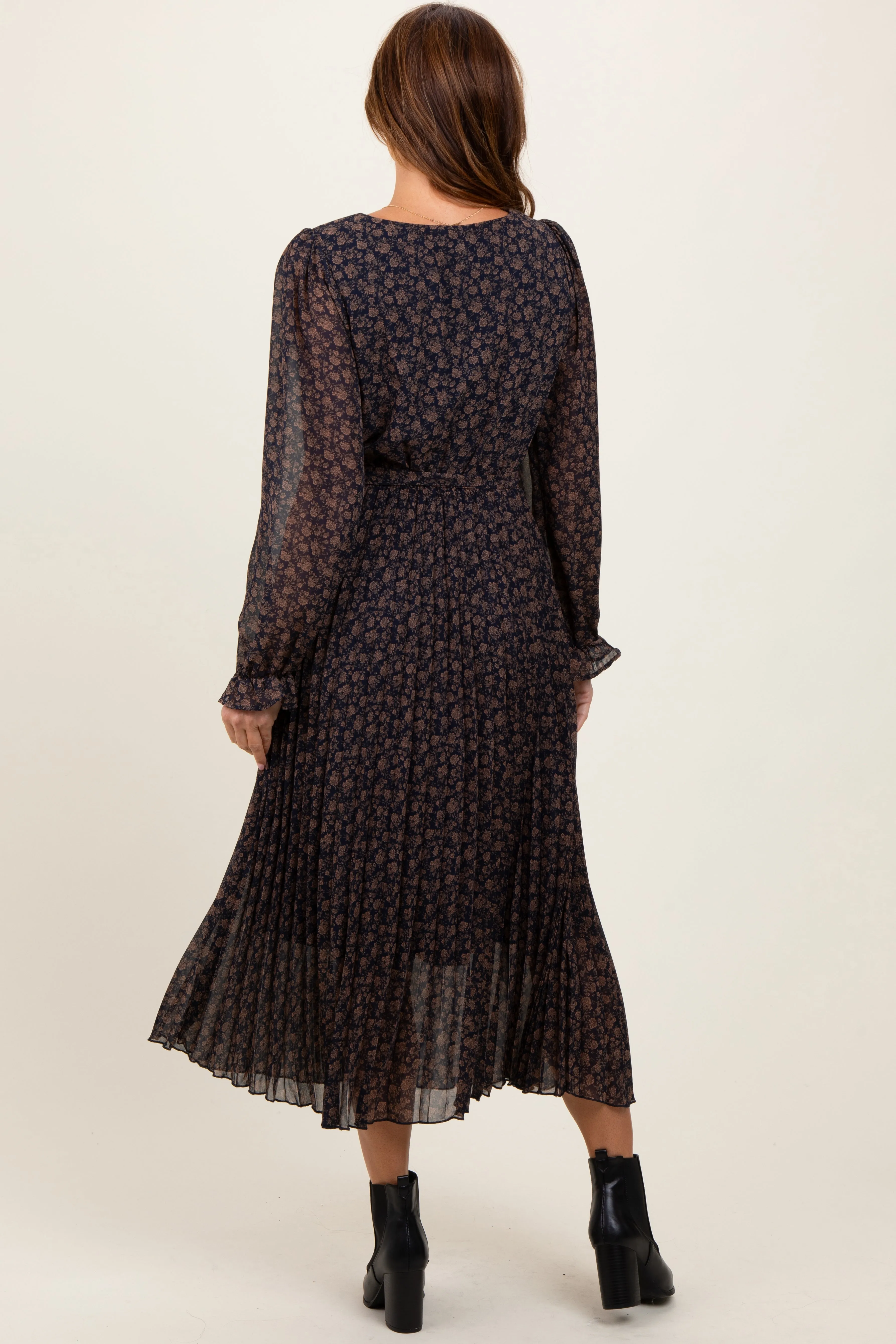 Navy Blue Floral Front Tie Pleated Midi Dress sold by Pinkblush product image thumbnail 4