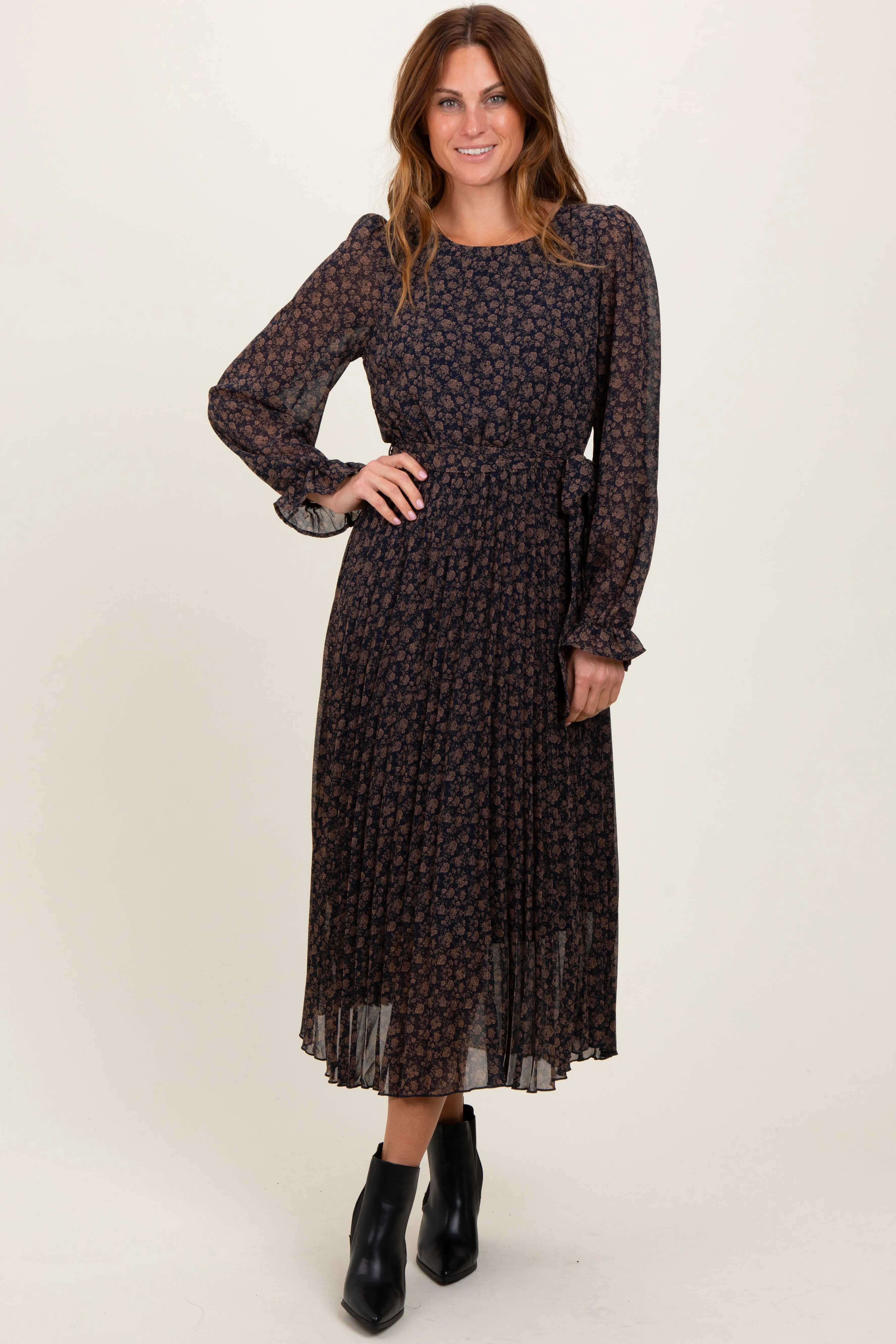 Navy Blue Floral Front Tie Pleated Midi Dress sold by Pinkblush