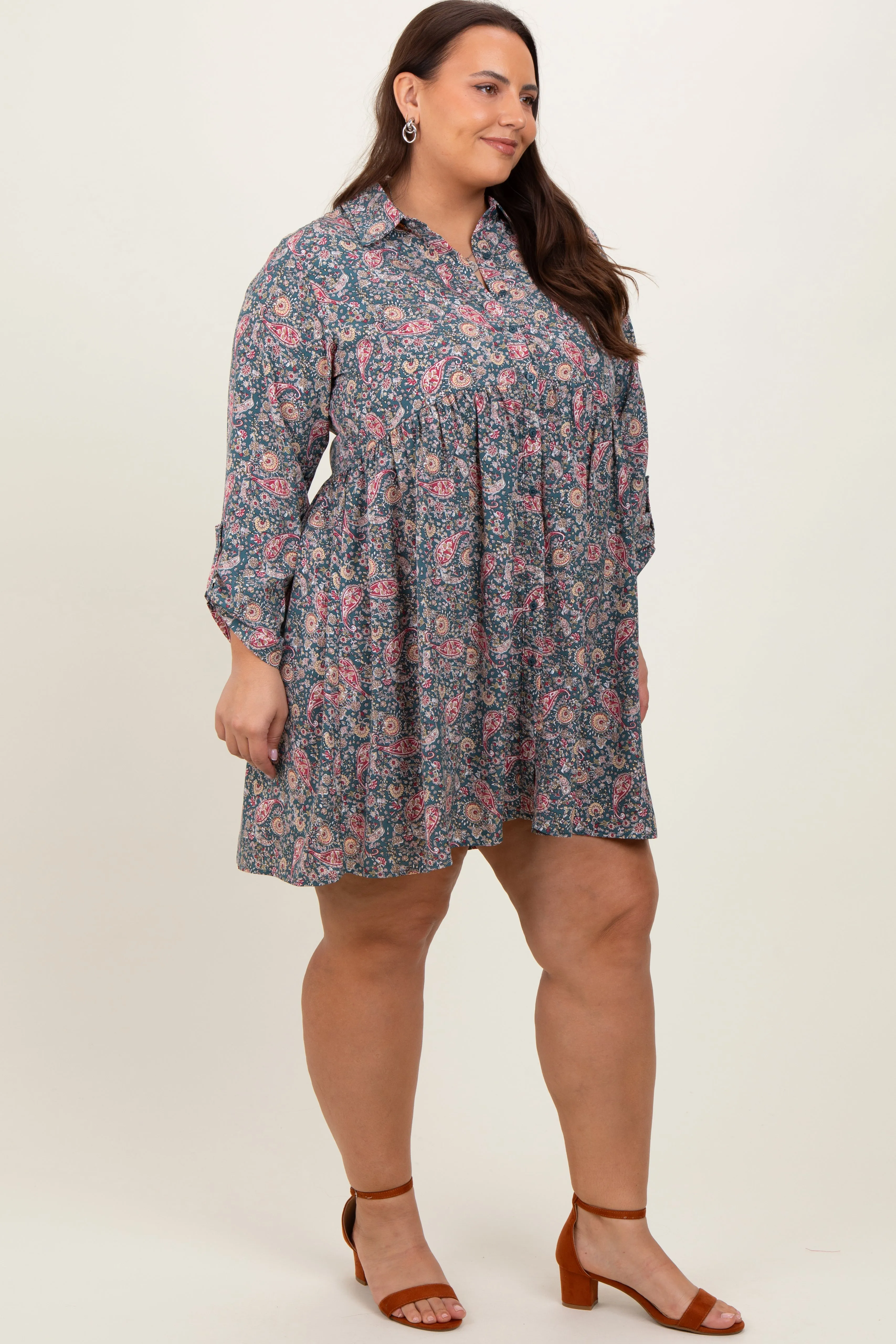 Teal Floral Paisley Button Up Plus Dress sold by Pinkblush product image thumbnail 3