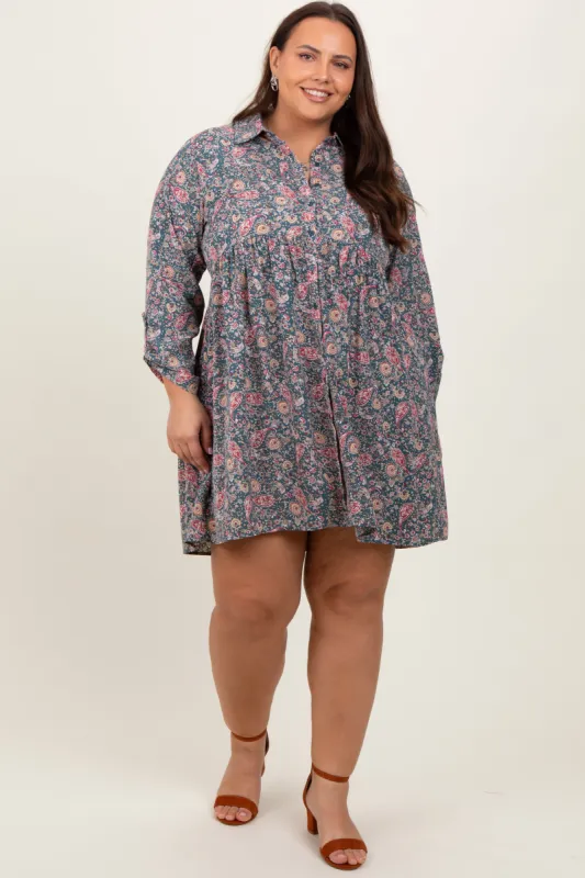 Teal Floral Paisley Button Up Plus Dress sold by Pinkblush