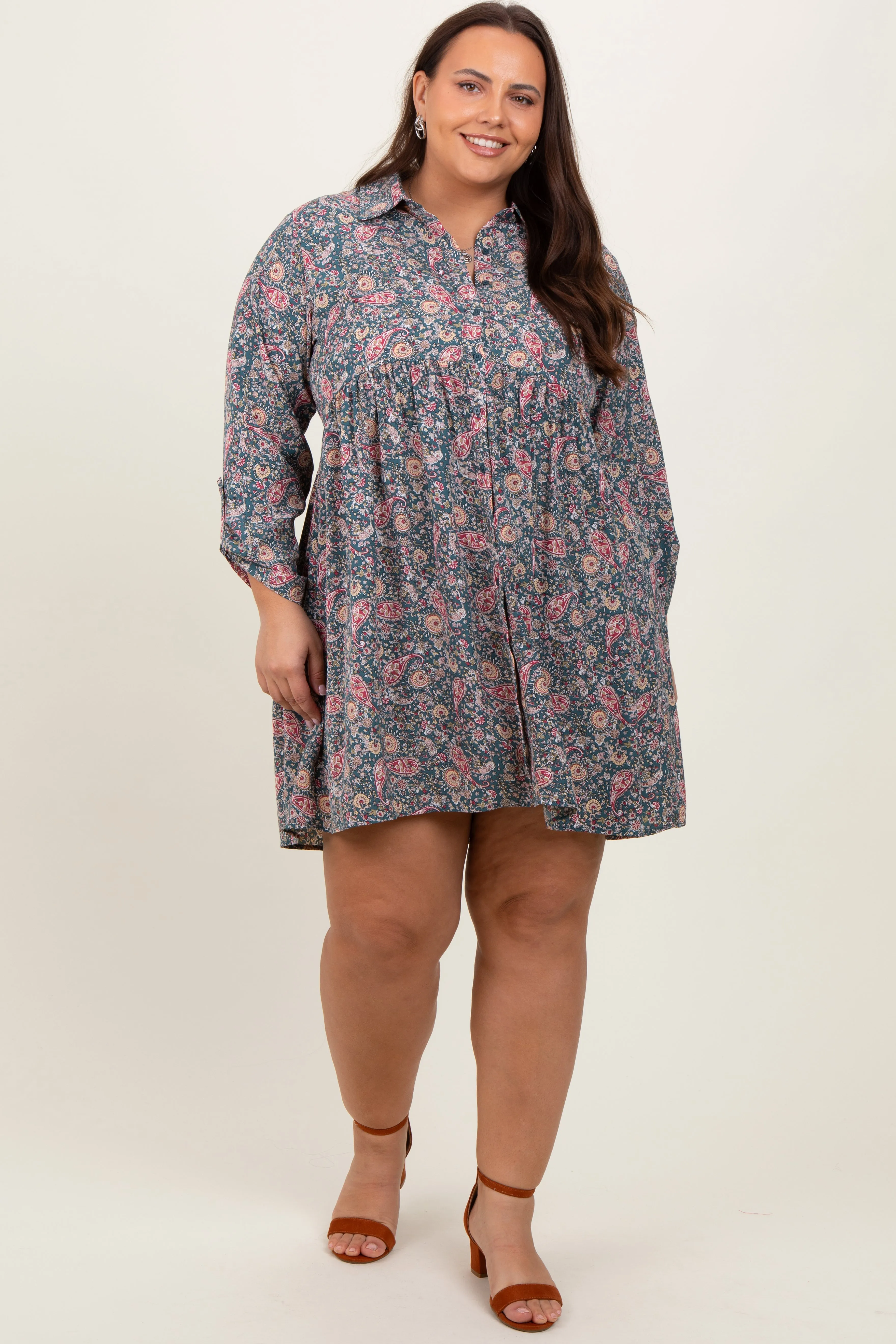 Teal Floral Paisley Button Up Plus Dress sold by Pinkblush