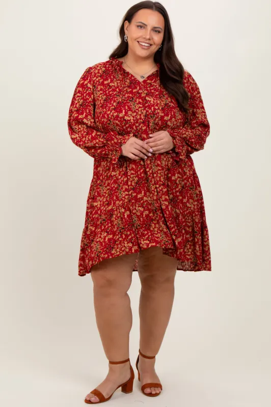 Red Leaf Print Long Sleeve Plus Dress made by First Love