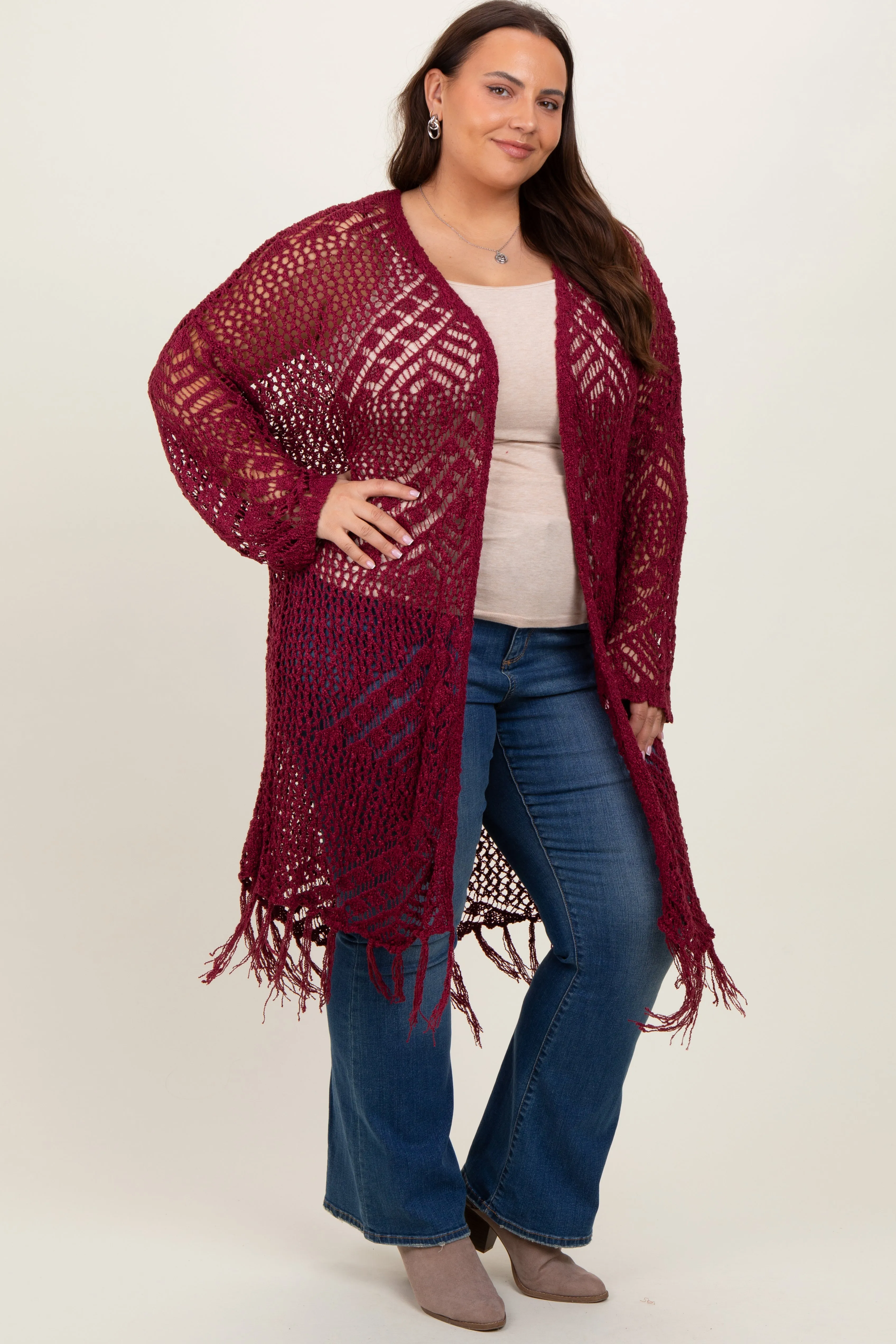 Burgundy Crochet Fringe Hem Plus Cardigan sold by Pinkblush product image thumbnail 3