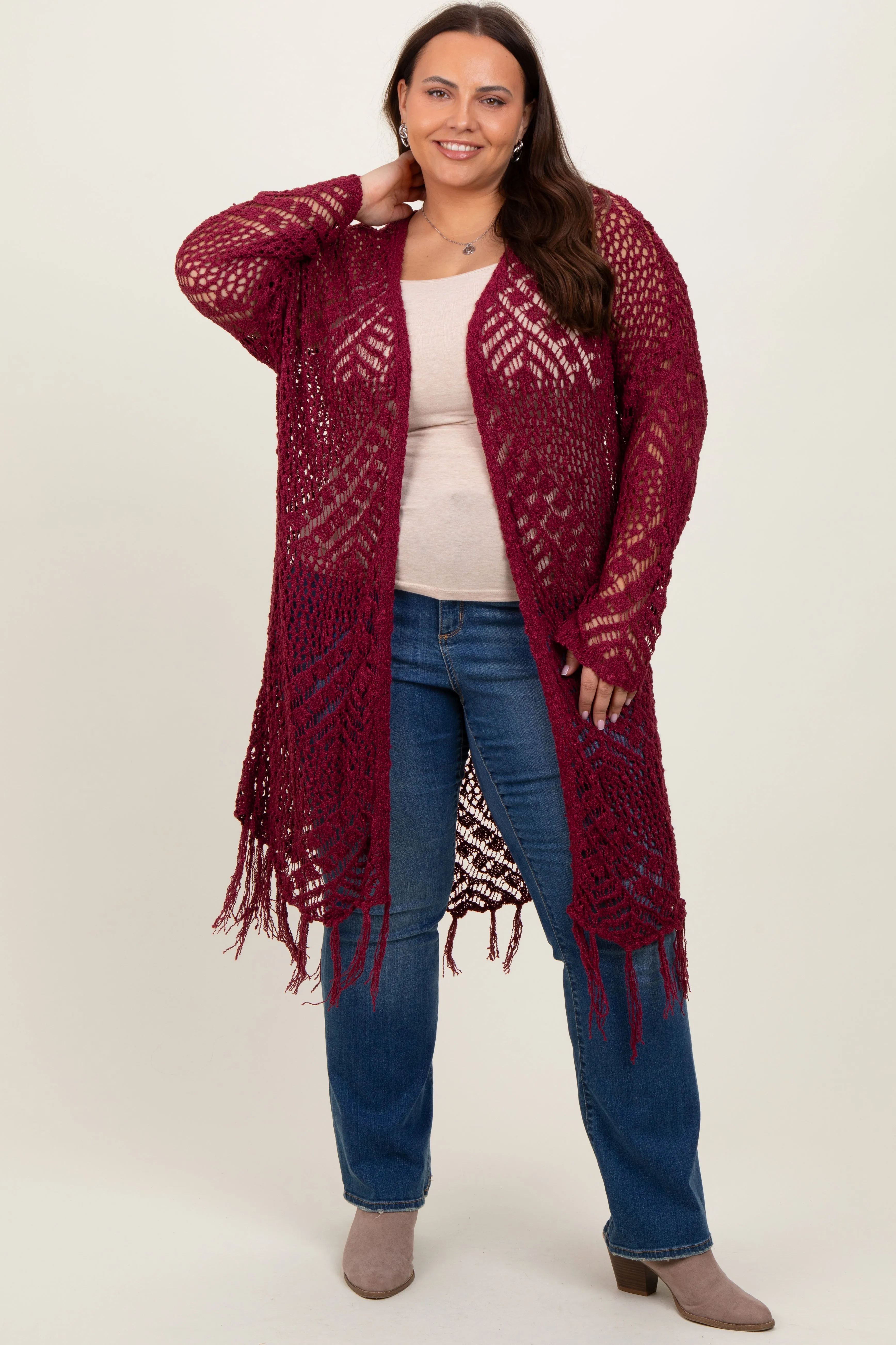 Burgundy Crochet Fringe Hem Plus Cardigan sold by Pinkblush