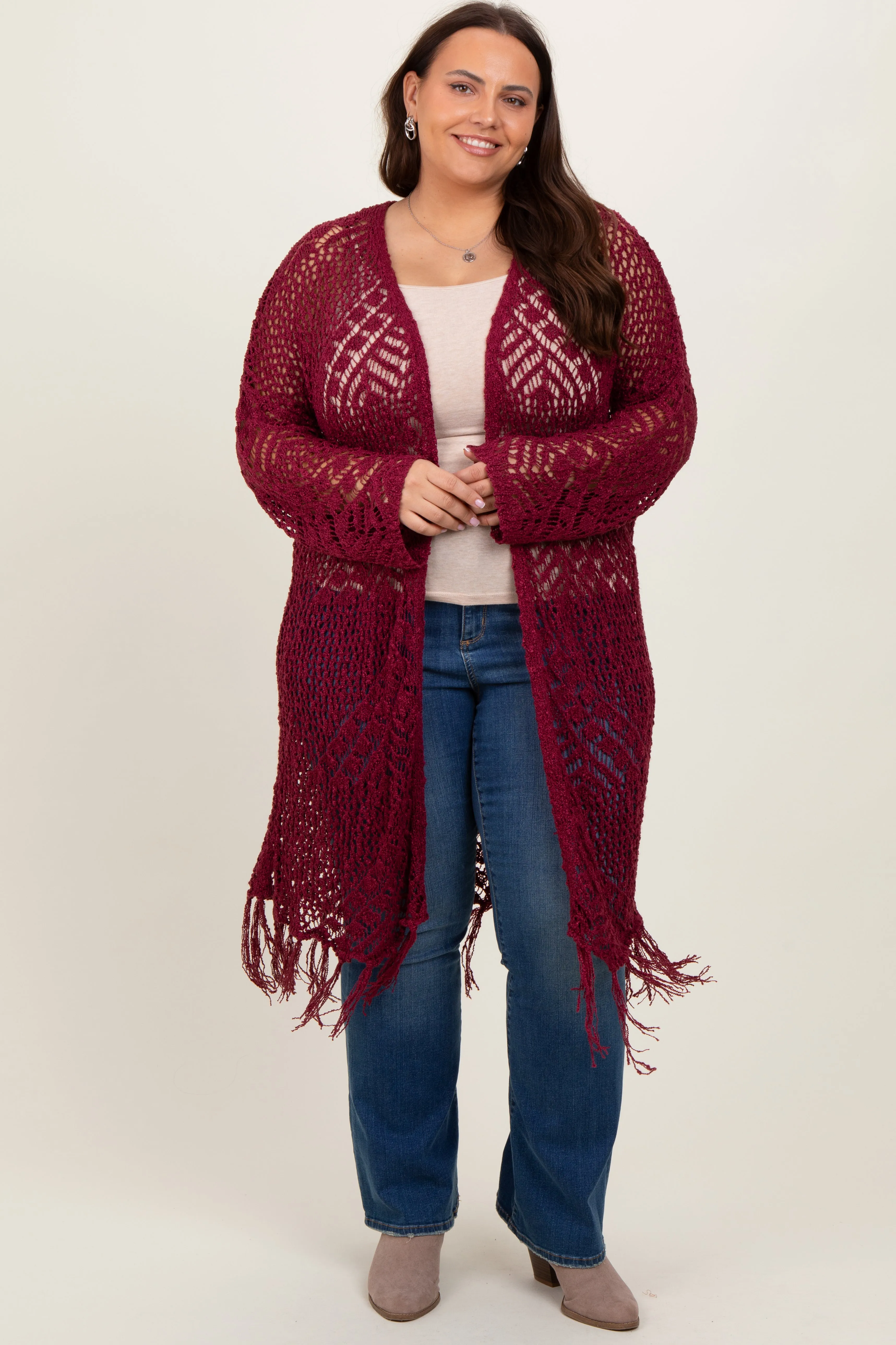 Burgundy Crochet Fringe Hem Plus Cardigan sold by Pinkblush product image thumbnail 2