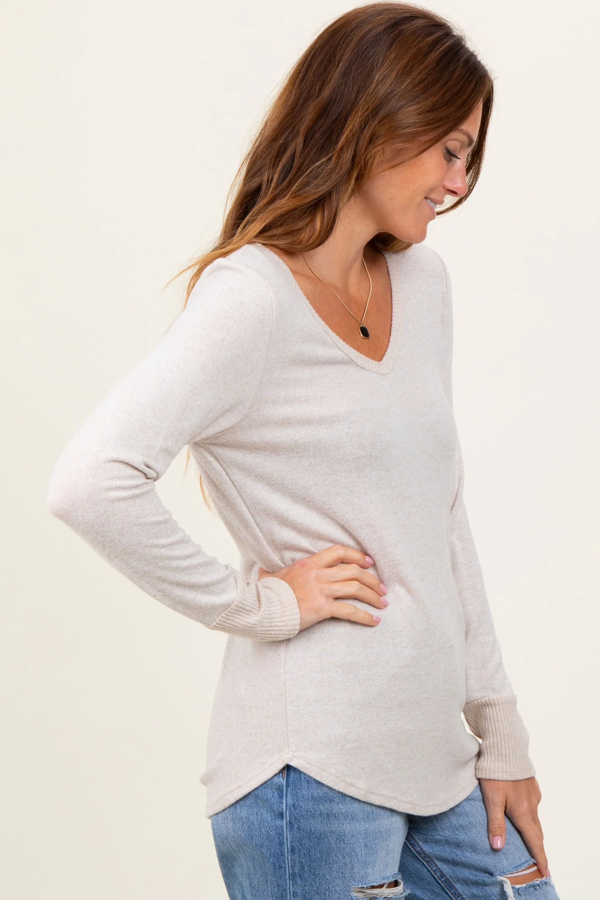 Beige Brushed Knit Relaxed V-Neck Long Sleeve Top sold by Pinkblush product image thumbnail 3