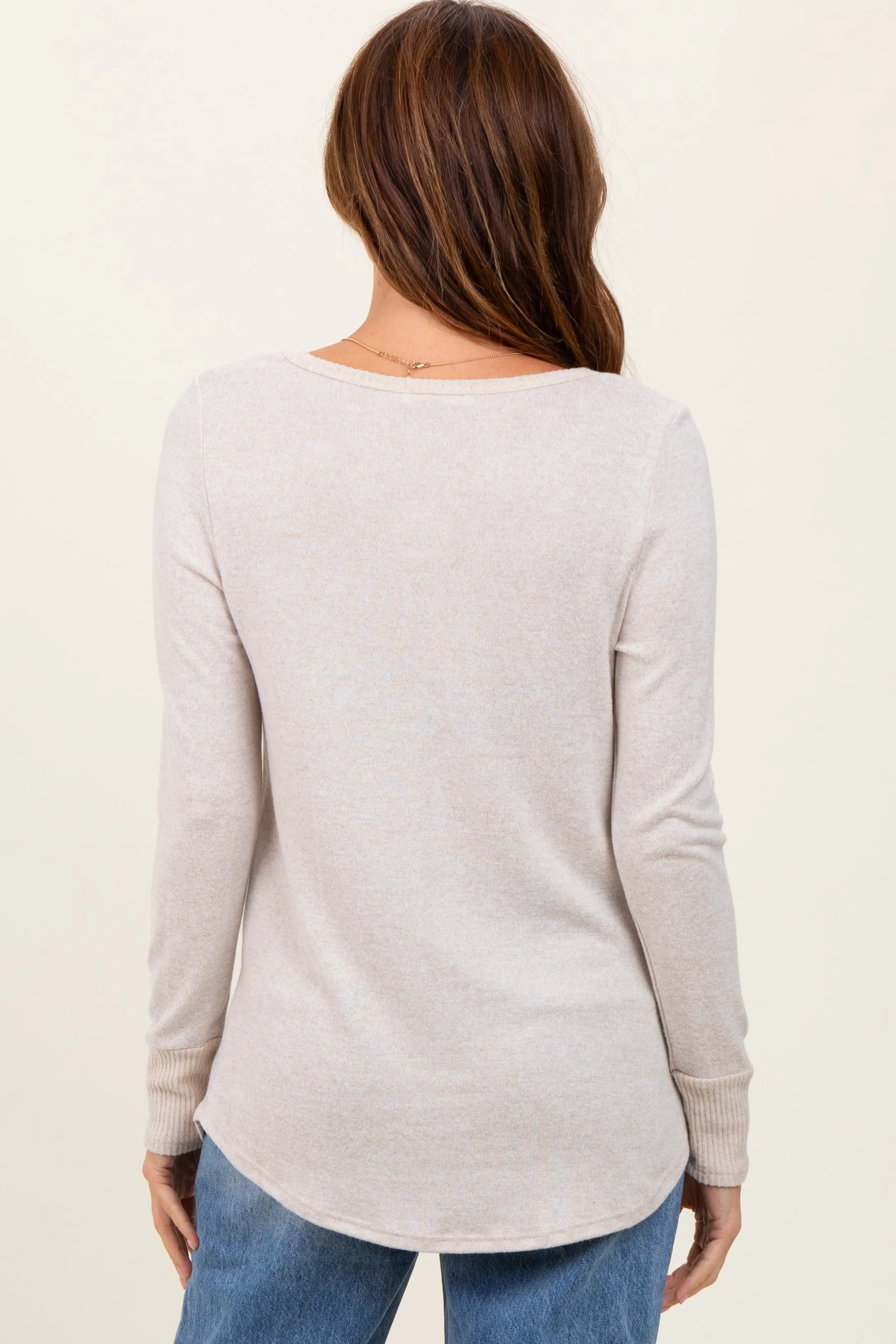 Beige Brushed Knit Relaxed V-Neck Long Sleeve Top sold by Pinkblush product image thumbnail 4