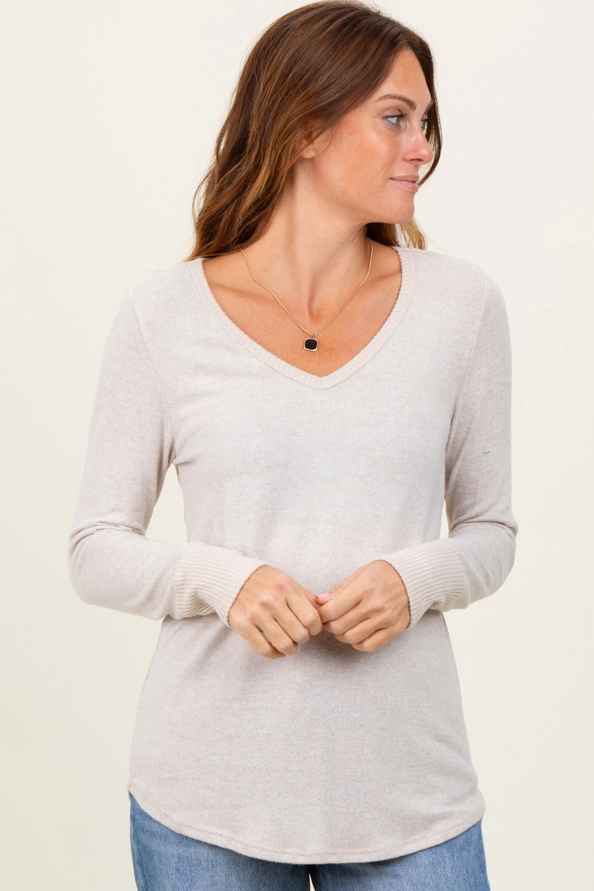 Beige Brushed Knit Relaxed V-Neck Long Sleeve Top sold by Pinkblush
