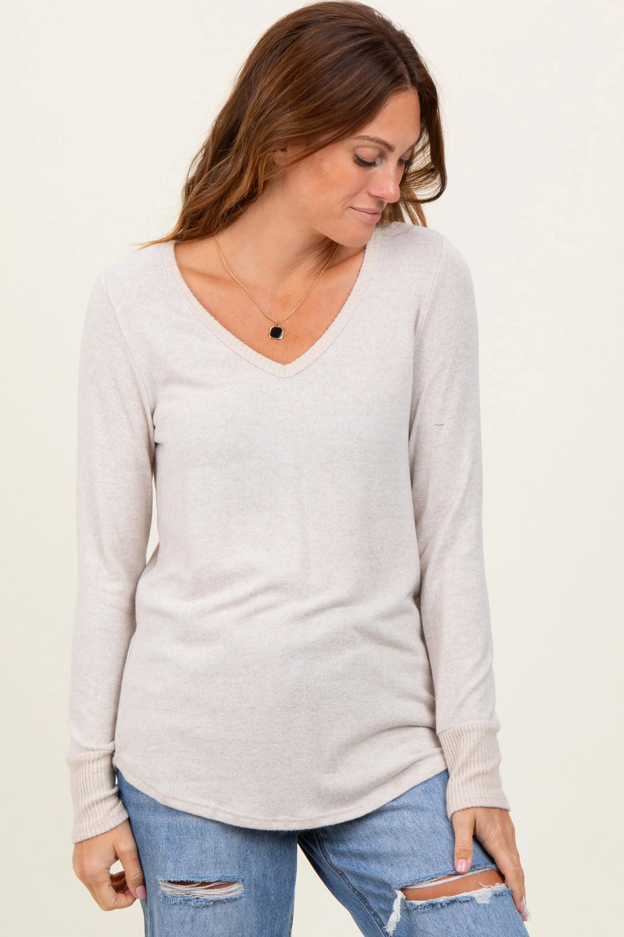 Beige Brushed Knit Relaxed V-Neck Long Sleeve Top sold by Pinkblush product image thumbnail 2