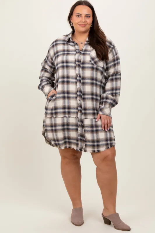 Taupe Plaid Button Down Raw Hem Plus Dress sold by Pinkblush