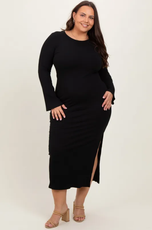Black Ribbed Side Slit Plus Maxi Dress sold by Pinkblush