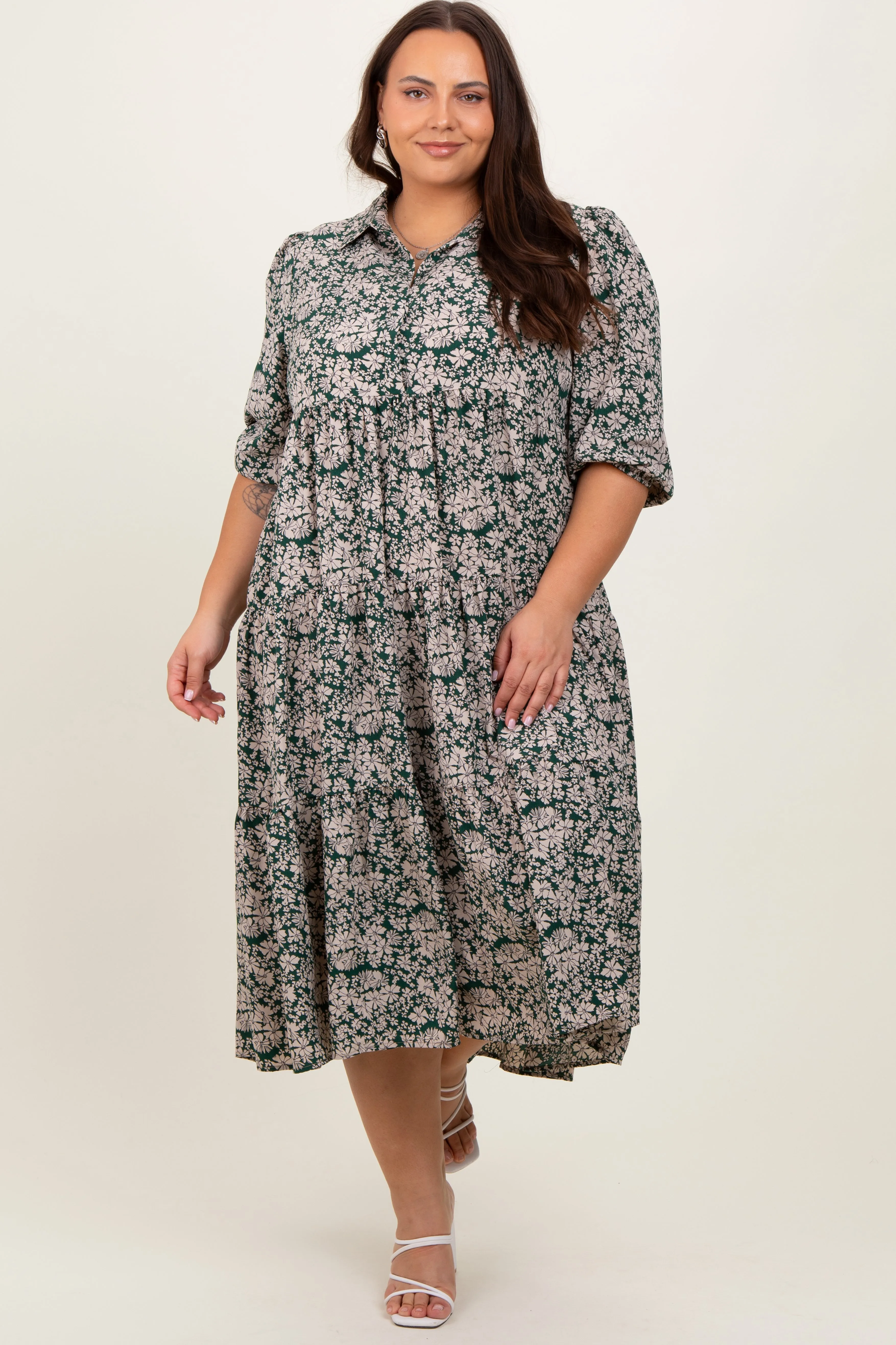 Green Floral Collared Tiered Plus Maxi Dress sold by Pinkblush product image thumbnail 2