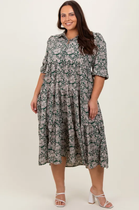 Green Floral Collared Tiered Plus Maxi Dress sold by Pinkblush